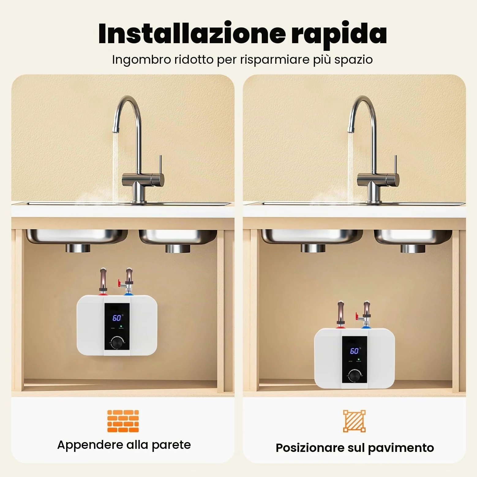 Scaldabagno elettronico da cucina, boiler sottolavello da 6L resistente alla pressione, boiler per acqua da 1500W 220V sottolavello, con indicatore di temperatura LED leggibile per cucine, bagni