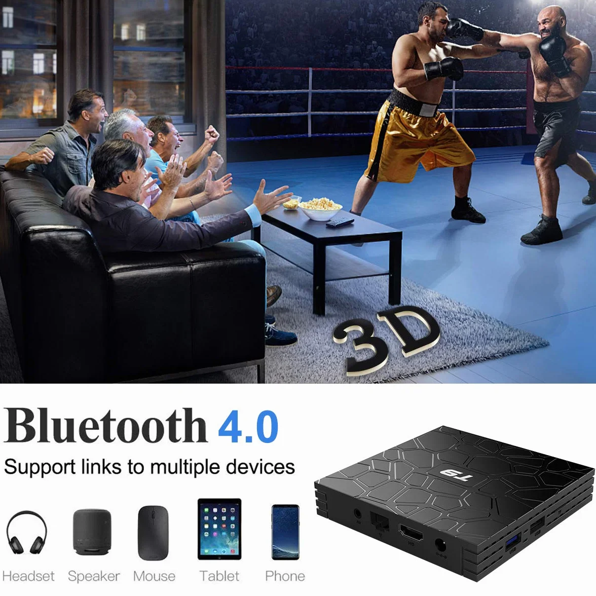 Android 9.0 TV Box, T9 Android Box 4GB RAM 32GB ROM RK3318 Quad Core 2.4GHz/5.0Ghz WiFi Bluetooth4.0 H.265 3D Ultra HD 4K TV Box