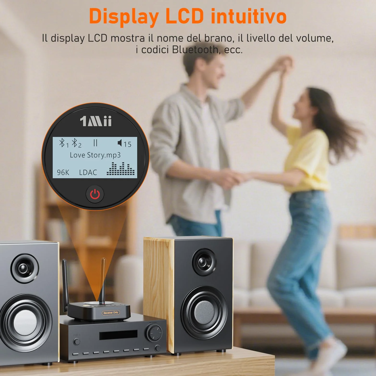 1Mii B06Pro+ Ricevitore Bluetooth HiFi, Adattatore Audio Wireless Bluetooth 5.3 Hi-Res LDAC per Stereo, aptX HD/Bassa Latenza, con Uscita Ottica/AUX, Controllo del Volume, Display LCD, Lungo Raggio