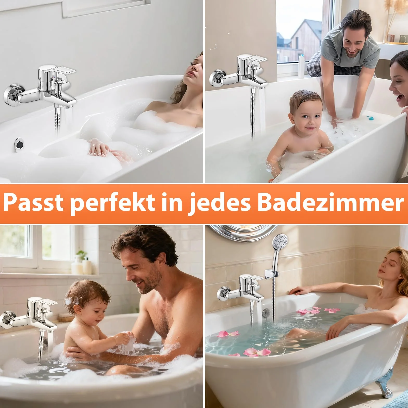 Rubinetto Vasca da Bagno a Parete, Miscelatore Monocomando in Ottone Cromato, Doppia Uscita Acqua, Installazione G1/2, Rubinetto per Bagno