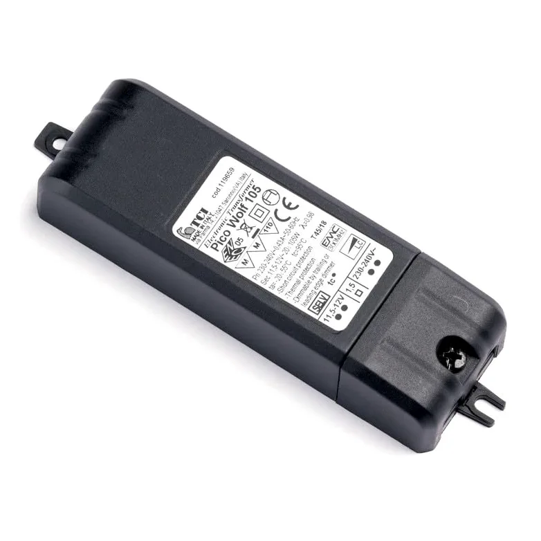 Trasformatore elettronico alogeno TCI Pico Wolf 105 per lampade alogene, 20-105 Watt, 12 Volt, nero, dimmerabile