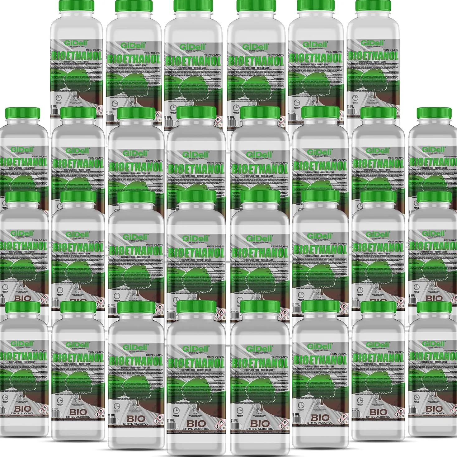 GiDeli Bioetanolo 30 x 1 l profumo forestale 96,6% etanolo per camini interni ed esterni, senza fumo e fuliggine, da mais e barbabietola da zucchero