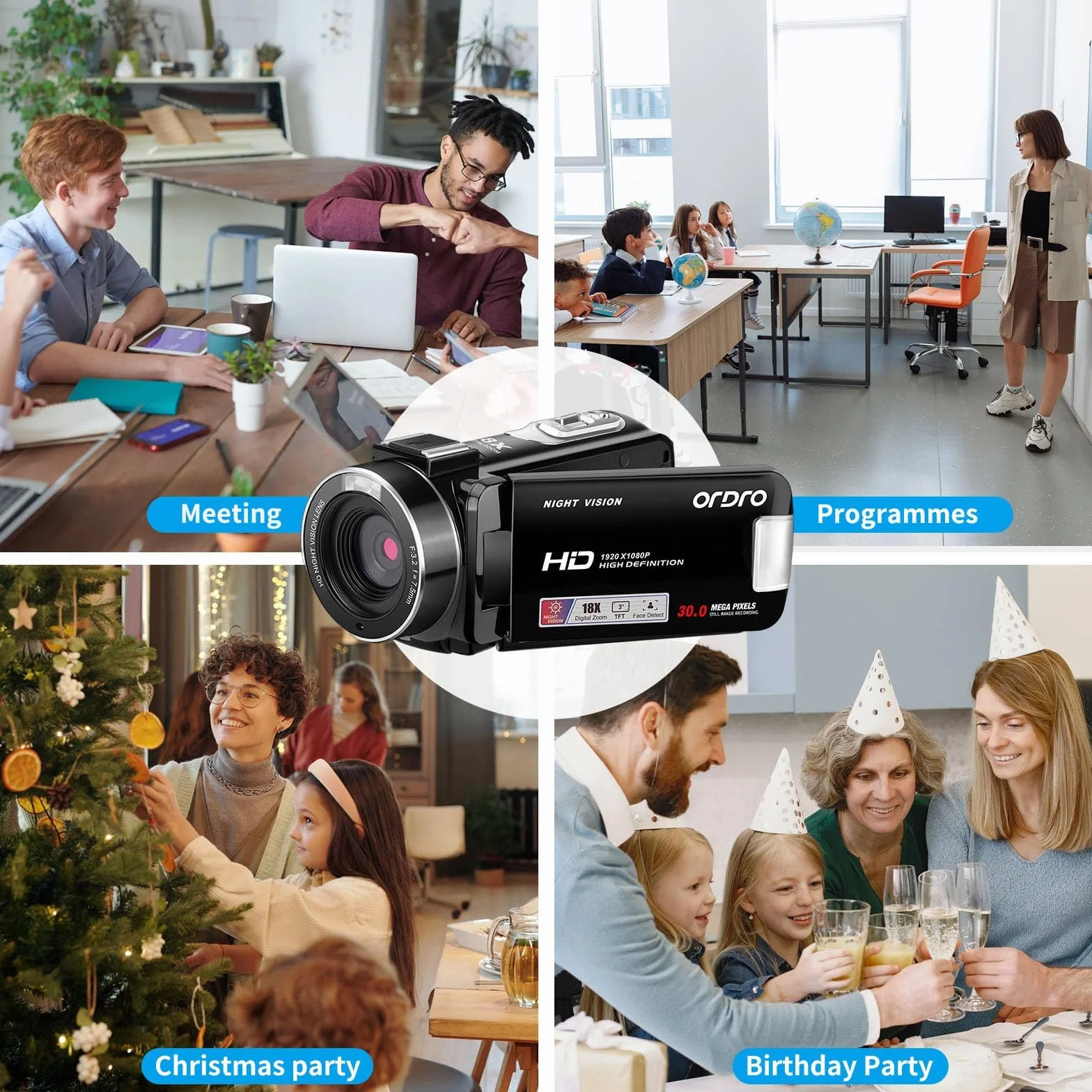 ORDRO B320 - Videocamera 1080P con scheda da 16GB, zoom digitale 18x, visione notturna, schermo touch rotante a 270°, fotocamera Full HD 1080P 30MP, 2 batterie, oro
