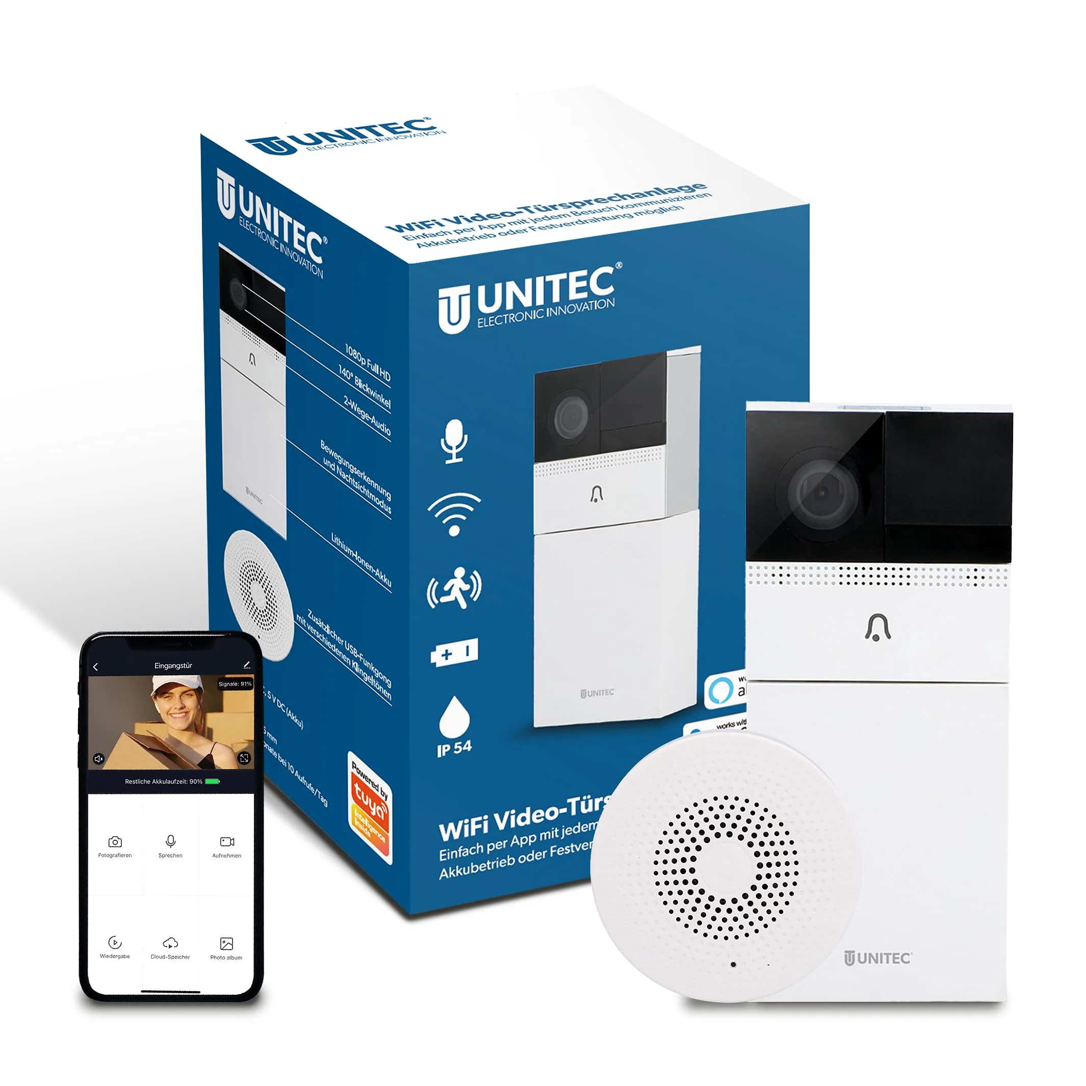 UNITEC Videocitofono WiFi, con app per smartphone, batteria o cablaggio fisso, con telecamera WLAN Full HD, audio a 2 vie, incluso gong radio