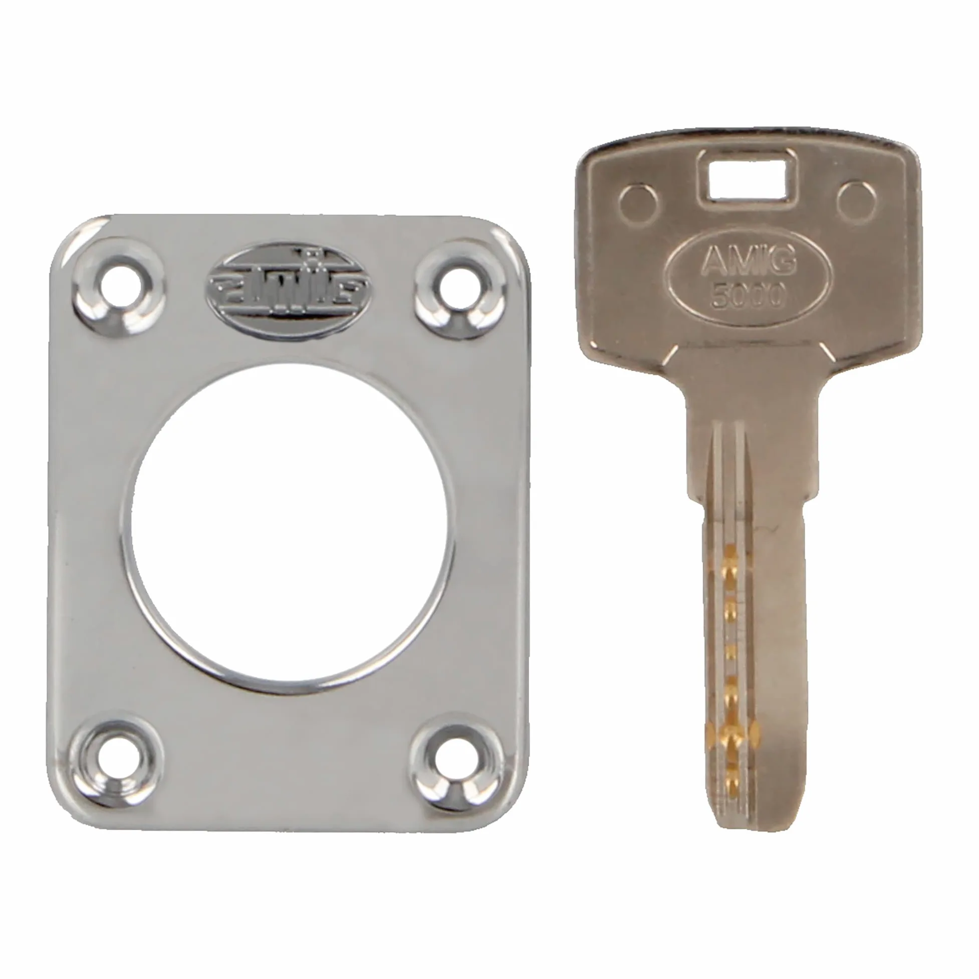 Amig - Serratura a sovrapposizione sinistra con leva di chiusura e linguetta per porte in legno mod. 75P, 67 x 112 mm, cilindro rotondo di sicurezza, acciaio argentato