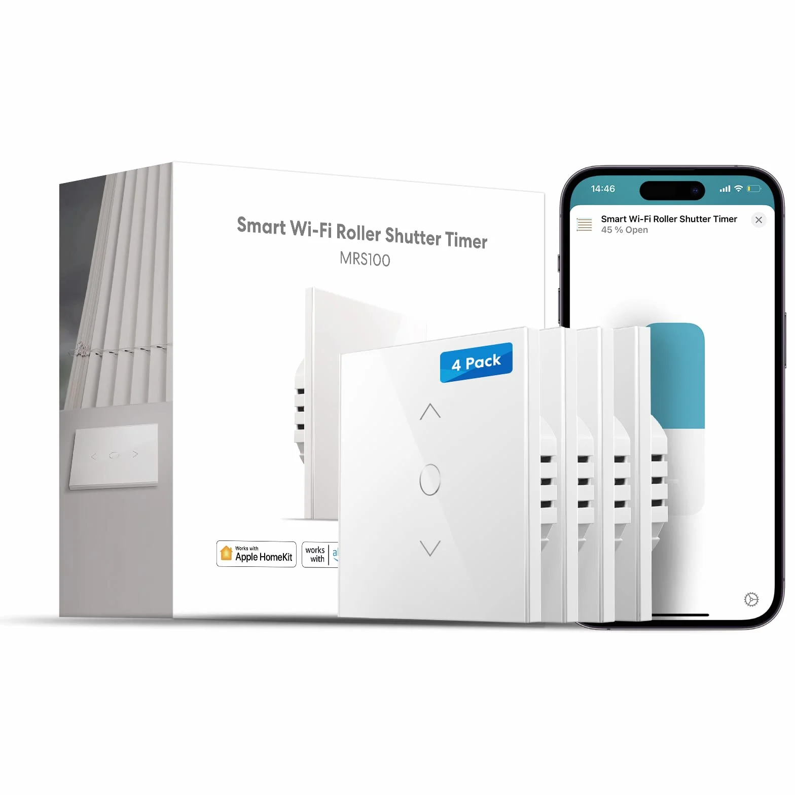 Meross Interruttore per tapparelle (è necessario un cavo neutro), set di 4 interruttori per tende da finestra compatibili con HomeKit, Alexa e Google Home, controllo vocale e telecomando
