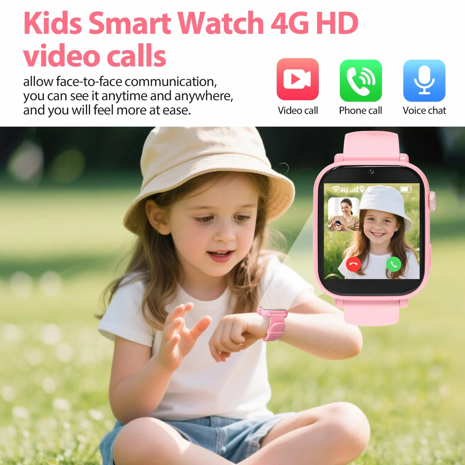PTHTECHUS Smartwatch per Bambini, 4G Orologio GPS Bambini, Videochiamata e Telefono, WIFI/GPS/LBS Contapassi Ricevi SMS SOS Calcolatrice Timer Sveglia, Regali per Bambini Dai 4 Anni in Su, Rosascuro