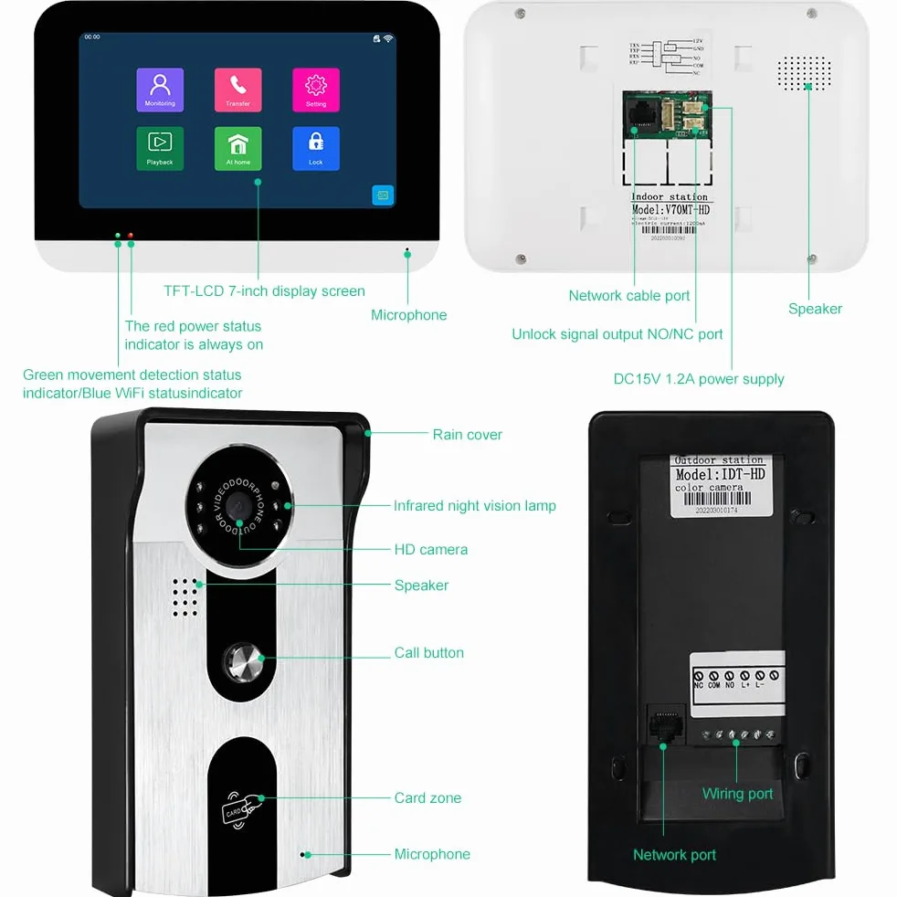 Sistema di Videocitofono Cablato LCD TFT da 7 '' Monitor per Interni WiFi Tuya 1080P Camera Motion Detection Visione Notturna Audio a 2