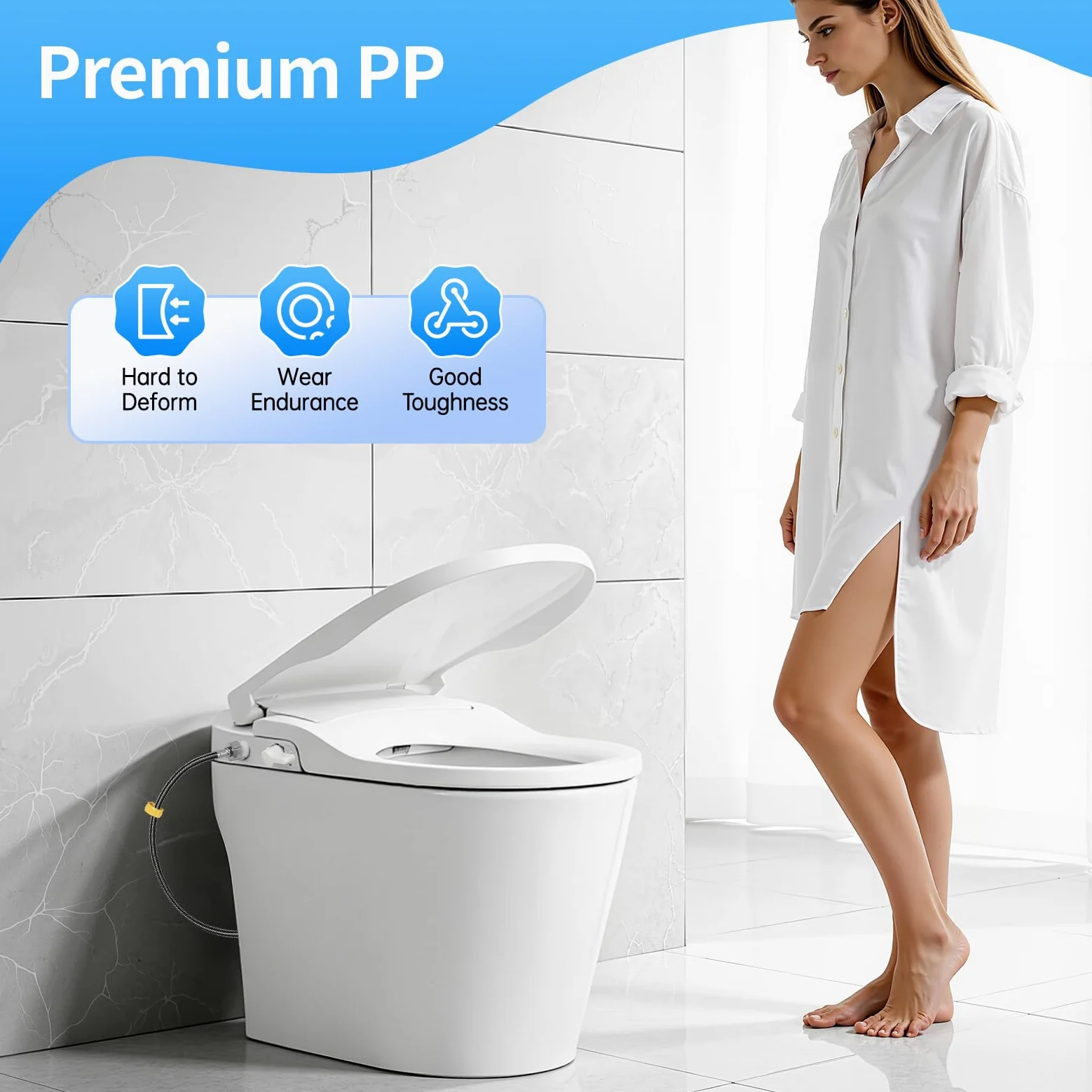 Sedile WC a forma di D, sedile WC con doccetta doppio ugello, sedile WC ecologico senza carta, lavaggio donna e igiene intima, ideale per bagno durevole, lunetta da toilette universale, bianco