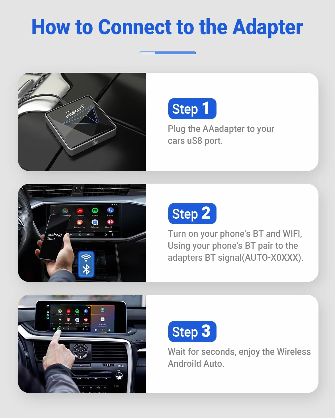 OTTOCAST Adattatore Wireless Android Auto per Auto Cablate, Dongle Android Auto Wireless, Dual Band Wi-Fi a Basso Ritardo, Aggiornamenti Online, Plug and Play per Auto Android Cablate di Fabbrica