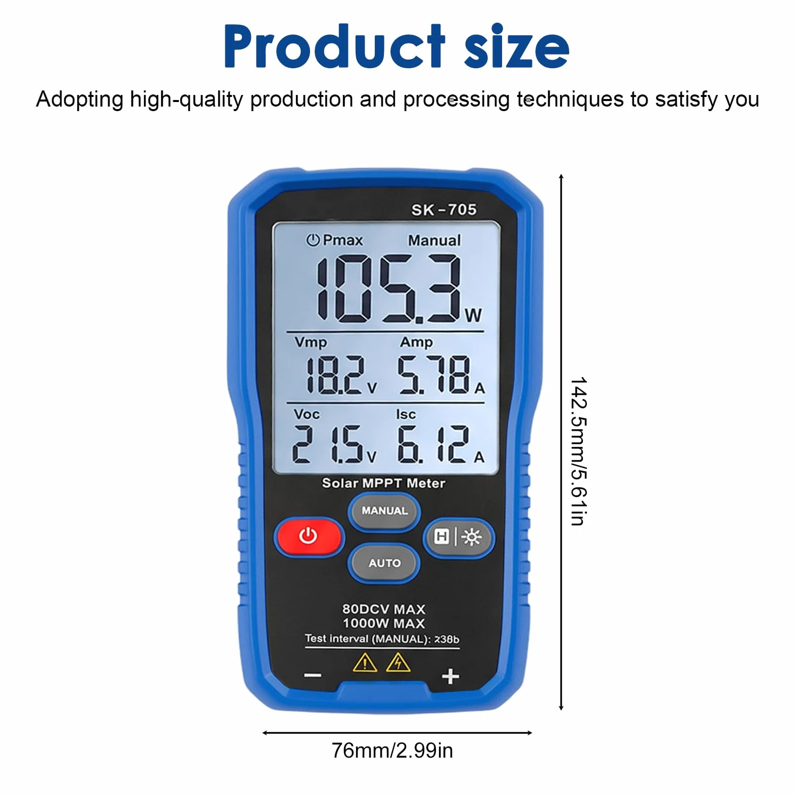 SK-705 Solar MPPT 1000 W Tester di potenza per moduli fotovoltaici, tester PV portatile con LCD da 3,2", misurazione automatica e manuale, Voc Isc Vmp Pmax