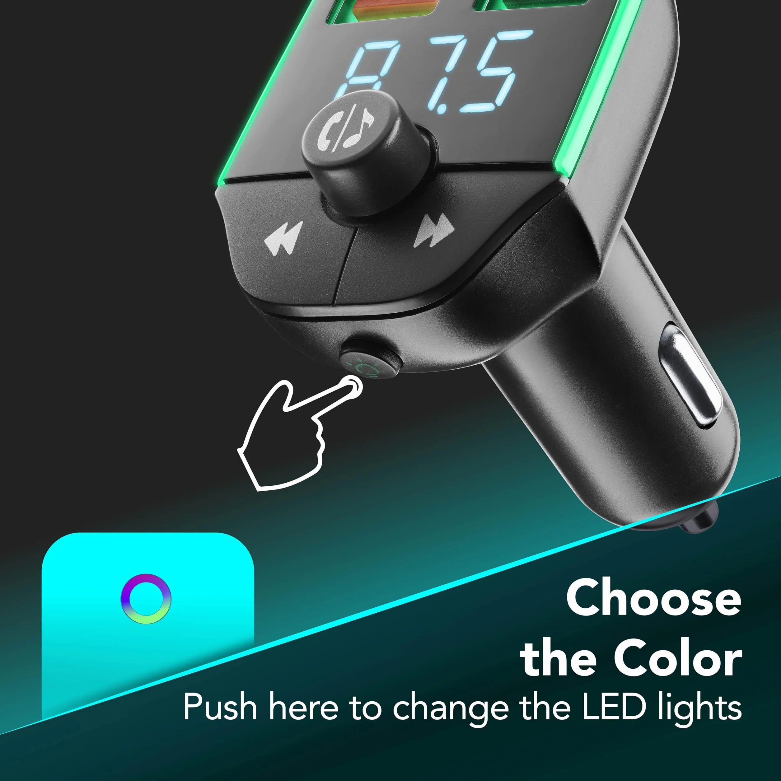 Cellularline - Car FM Transmitter - Trasmettitore FM Bluetooth® per autoradio - USB Music Player - Caricabatterie Auto 20W - Quick Charge 3.0 - Chiamate Hands Free - Luci RGB - Nero