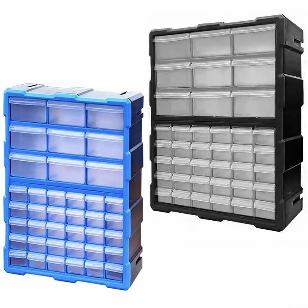 Scatola organizer in plastica resistente con 18 scomparti per piccoli attrezzi e elementi di fissaggio, con coperchio trasparente per una facile visibilità e struttura impilabile per risparmiare
