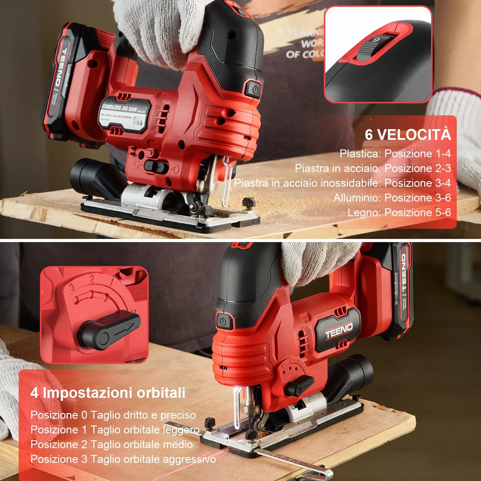 TEENO Seghetto Alternativo Senza Fili Per Batteria Makita 20V, Seghetto Alternativo laser 800-3000 SPM, 6 VELOCITÀ, LED, Angolo ±45°, 5 lame per Legno, Plastica, Metallo (Due Batterie, 2.0 AH)