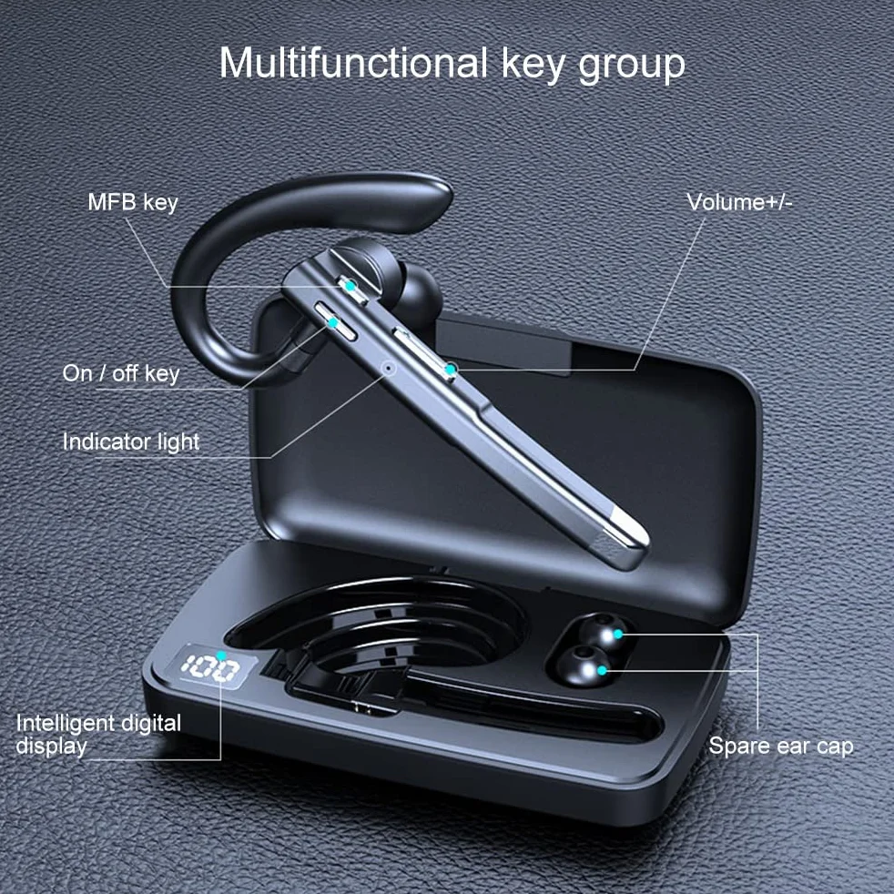 Auricolare Bluetooth Auricolare Vivavoce Girevole a Orecchio Singolo con Custodia di Ricarica per Display della Batteria per la Guida in Ufficio (520 seconda generazione)