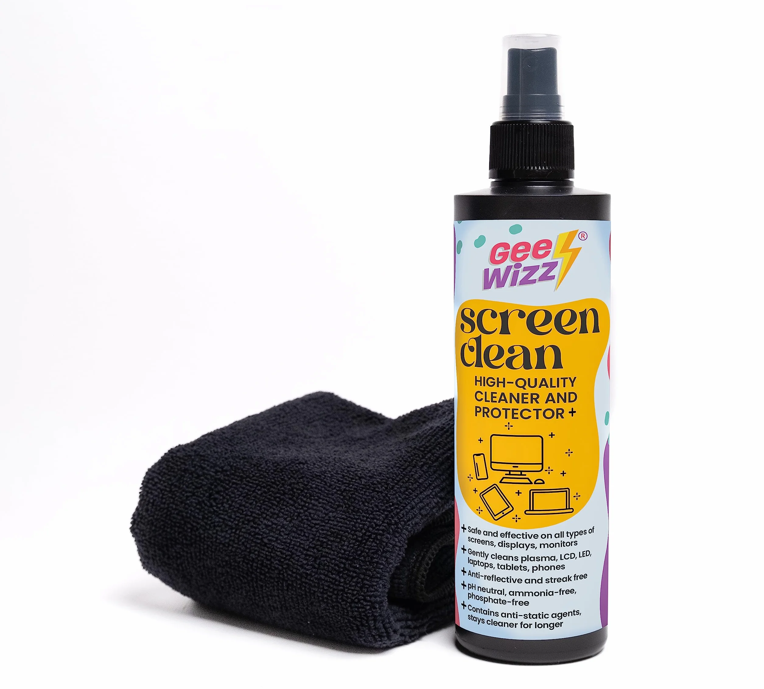Gee-Wizz Screen Clean - Kit 250 ml Spray Pulisci Schermo con Panno Microfibra - Detergente Per Tutti Tipi di Schermo, Display, Monitor di Tutti i Dispositivi. Senza striature e Anti-Polvere