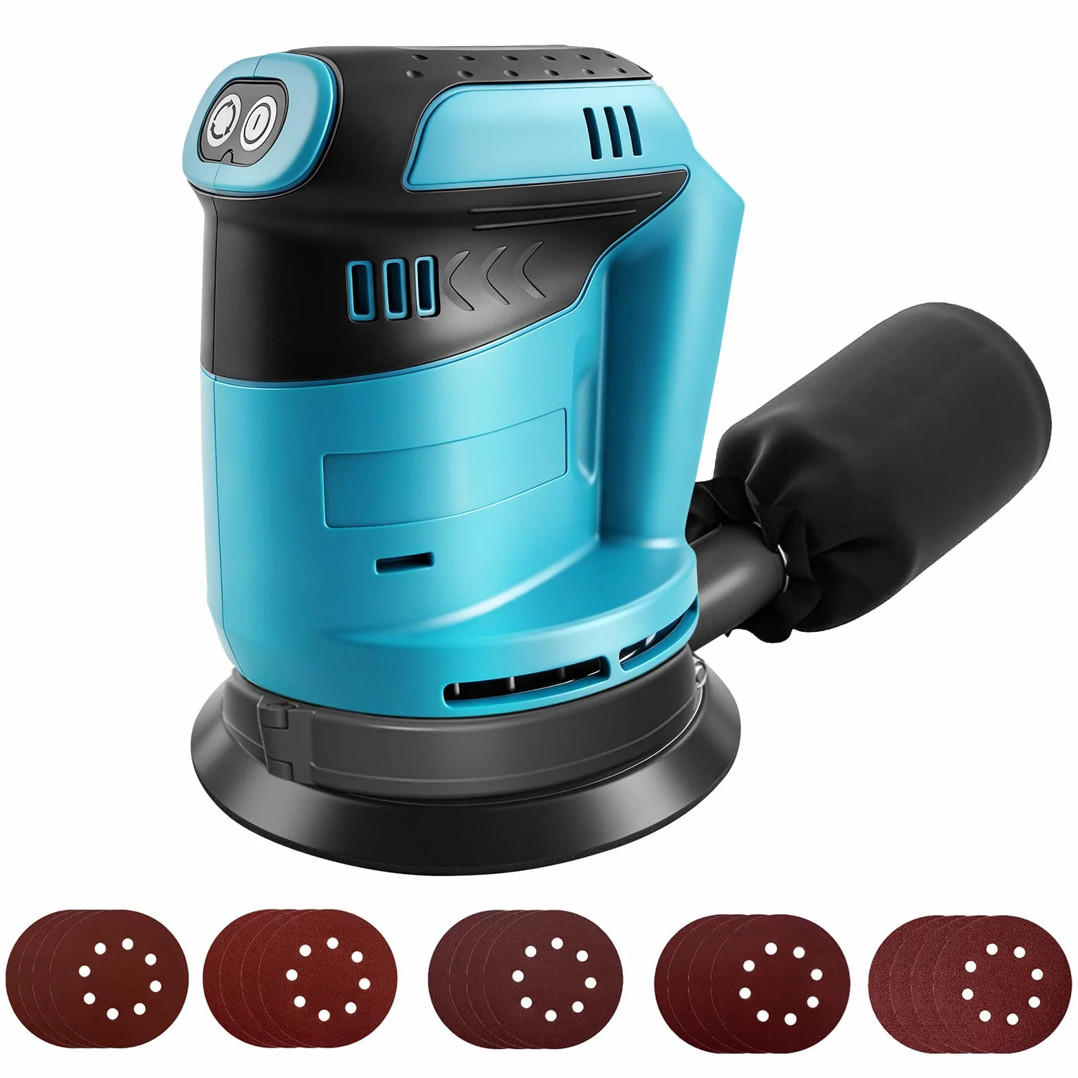 Levigatrice eccentrica per batteria Makita 18V, levigatrice a batteria da 125 mm, 3 velocità con contenitore per la raccolta della polvere e 20 fogli abrasivi (batterie non incluse)