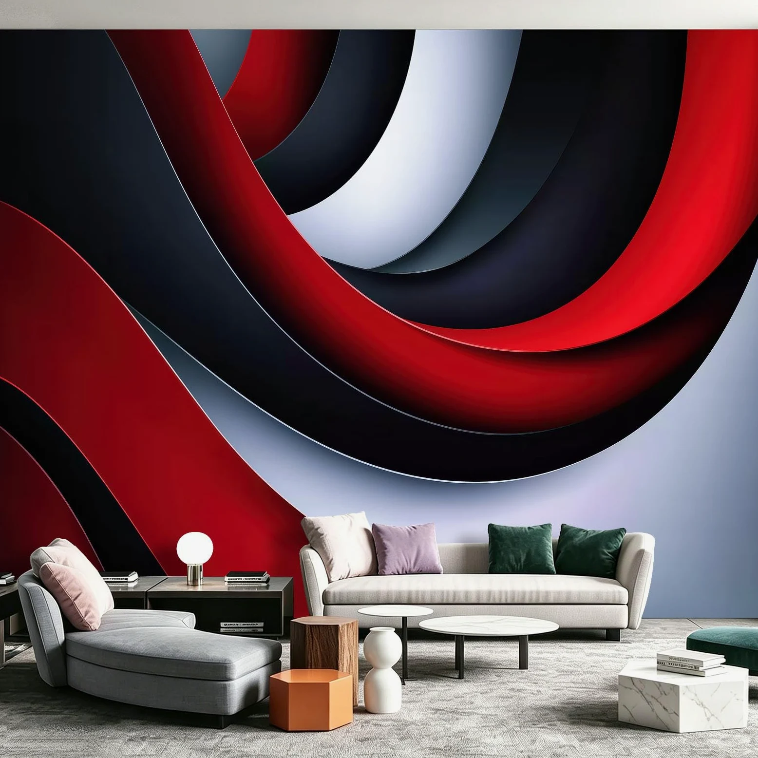 Carta da parati murale in tessuto non tessuto, 300 x 210 cm (L x A) - Decorazione da parete industriale astratta curve rosso nero bianco per sala riunioni moderna sala giochi