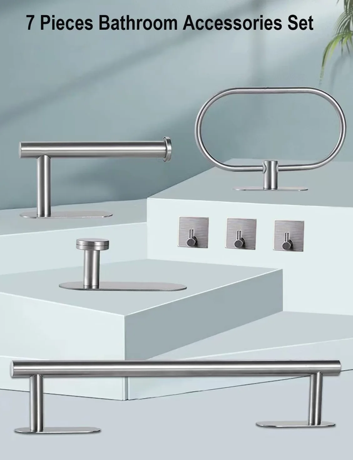 Set di Porta Asciugamani Bagno Adesivo 7 Pezzi Acciaio Inossidabile Argento 16 Pollici