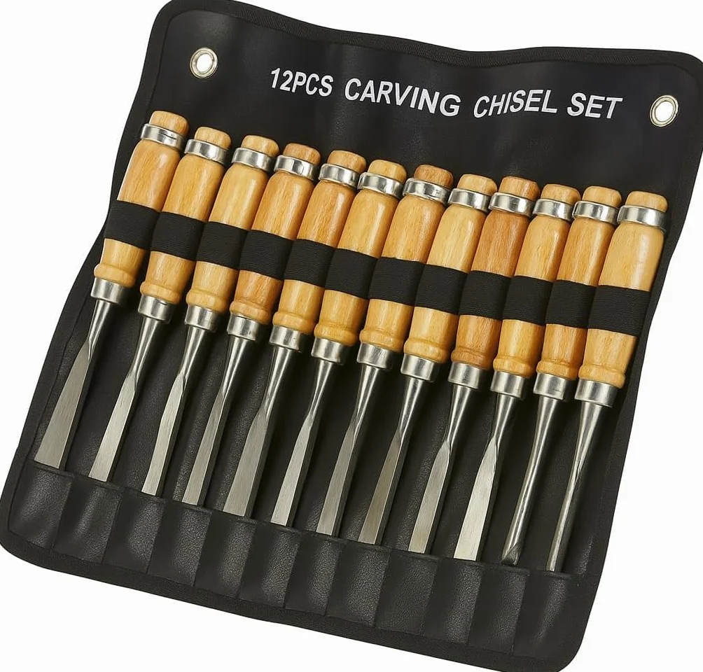 Set di 12 Scalpelli per Intaglio del Legno – Kit Sgorbie Professionali con Lama in Acciaio e Manico in Legno