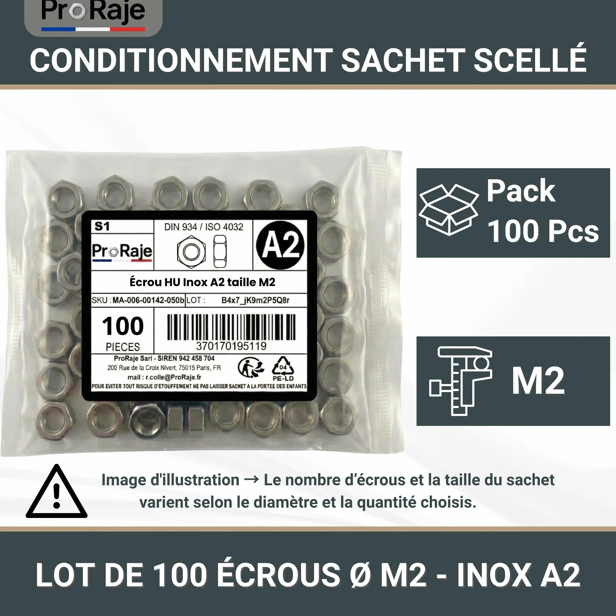 Dadi in acciaio inox A2 M2 esagonali DIN 934 ISO 4032 confezione 100 pezzi