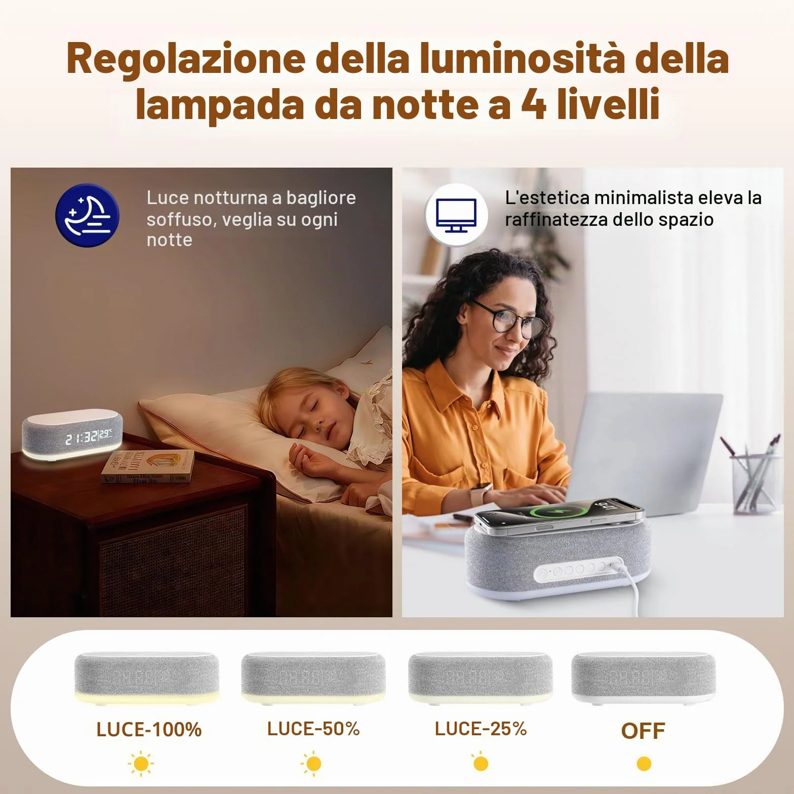 4 In1 Sveglia Digitale, Caricatore Wireless, Sveglia intelligente con orologio, termometro e luce LED, luminosità regolabile