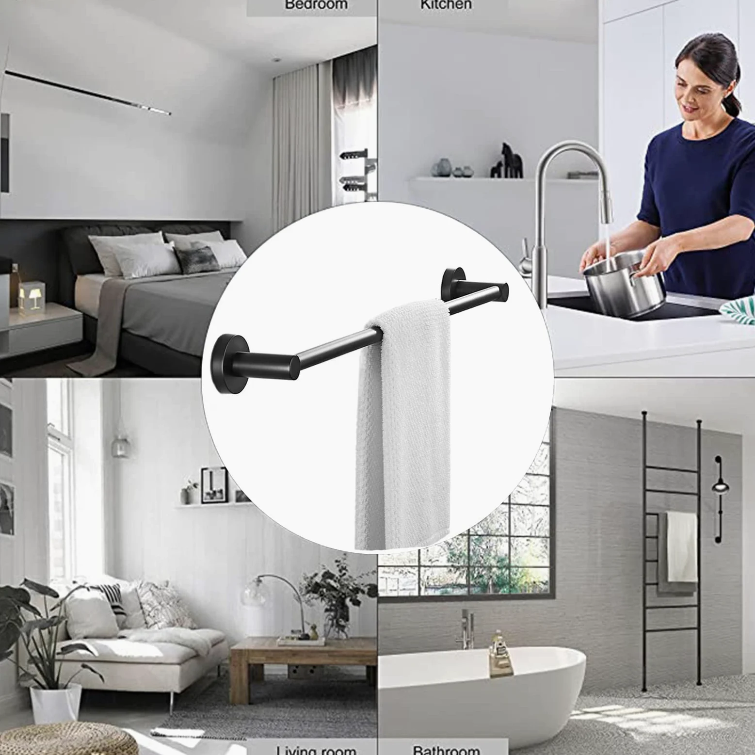 Portasciugamani Nero Opaco ， Portasciugamani Porta Asciugamani in Acciaio Inossidabile SUS304 Porta Asciugamani Nero Singolo Fissato al Muro per Kit Accessori Camera da Letto Cucina (Size :