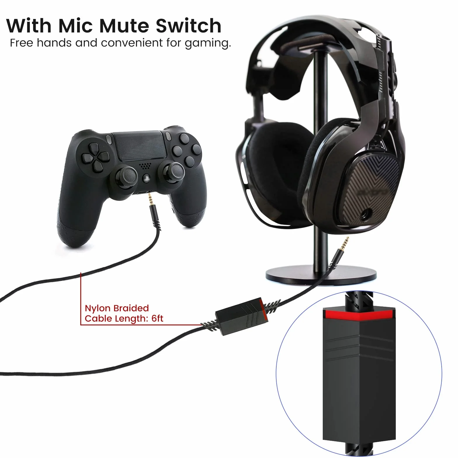 weishan Cavo di ricambio A40 per cuffie da gioco Astro A10 A40 TR, cavo audio staccabile intrecciato da 3,5 mm con interruttore muto microfono in linea, lungo 1,8 m