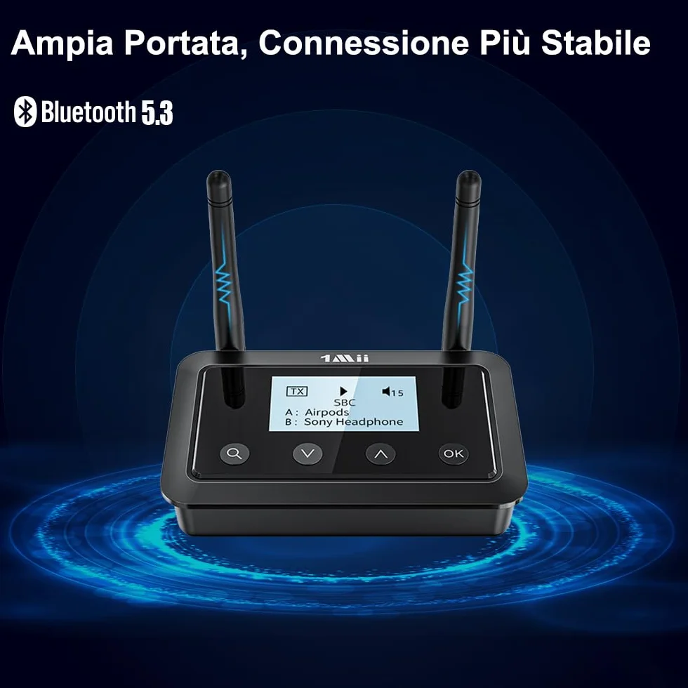 1Mii B03+ Trasmettitore Ricevitore Bluetooth per TV Stereo, Adattatore Bluetooth 5.3 Lungo Raggio per Audio TV con Schermo, aptX Low Latency & HD & Adaptive, Ottico RCA AUX 3,5mm Ingressi/Uscite