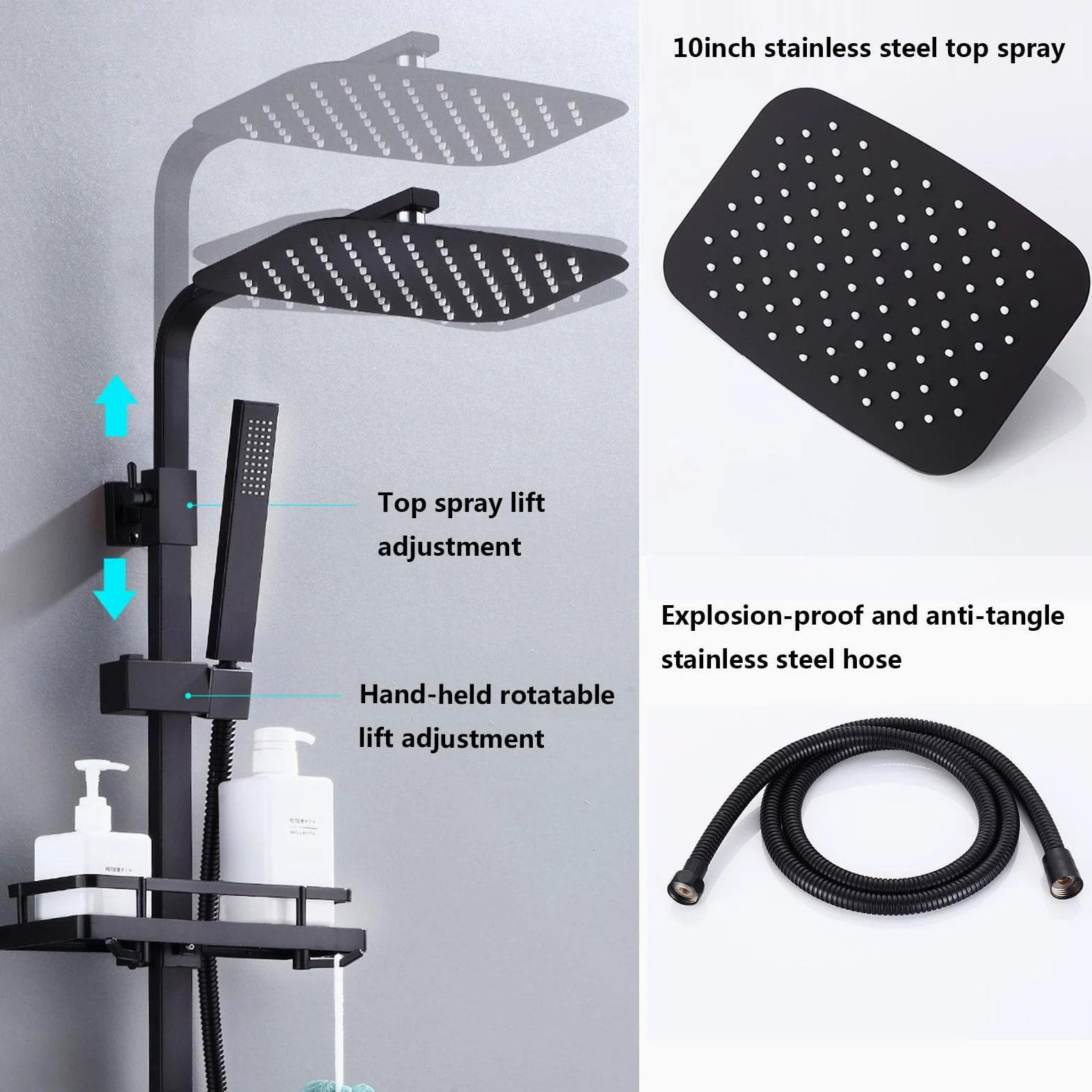 Sistema Doccia Nero con Display Digitale, Set Rubinetto termostatico per Bagno a 4 Vie con beccuccio per Vasca, soffione a Pioggia da 10", doccetta e doccetta per Bidet