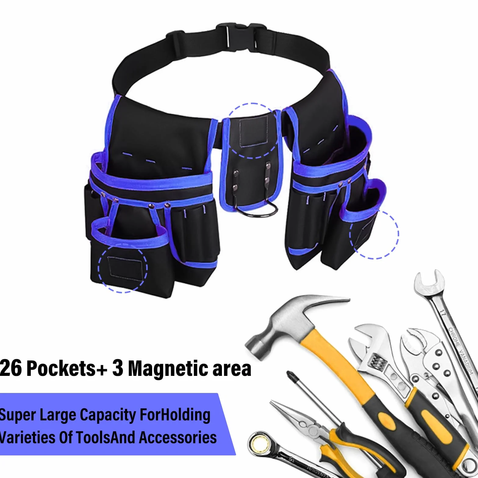 POPOPIE Cintura Porta Attrezzi,Regolabili Staccabili Cintura Elettricista,Cinturà per Attrezzi da Lavoro con 26 Tasche,per Elettricista Falegname Edilizia Manutenzione,Nero-Blu