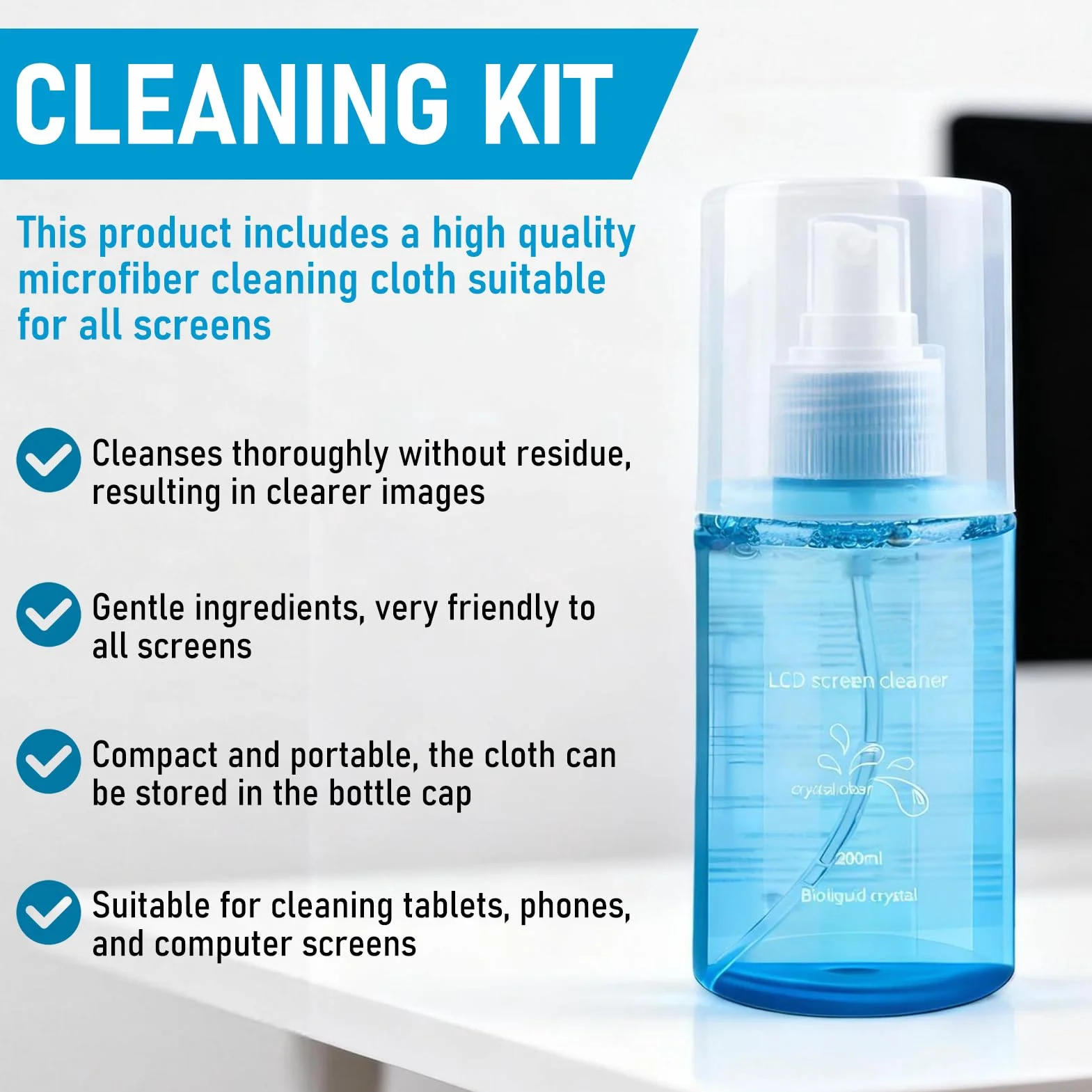 200ml Kit Pulizia Pc, Detergente Schermi Elettronici, Pulisci Schermo Pc + Panno Microfibra Schermo, Spray Pulizia Schermo per Monitor, Laptop, Tablet, Display di Computer