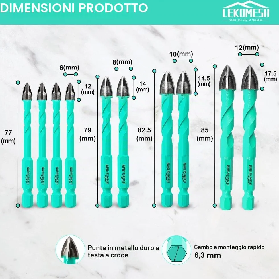Punte per Gres Porcellanato Set 10 Pezzi Punte Trapano Diamantate 6mm 8mm 10mm 12mm Attacco Esagonale