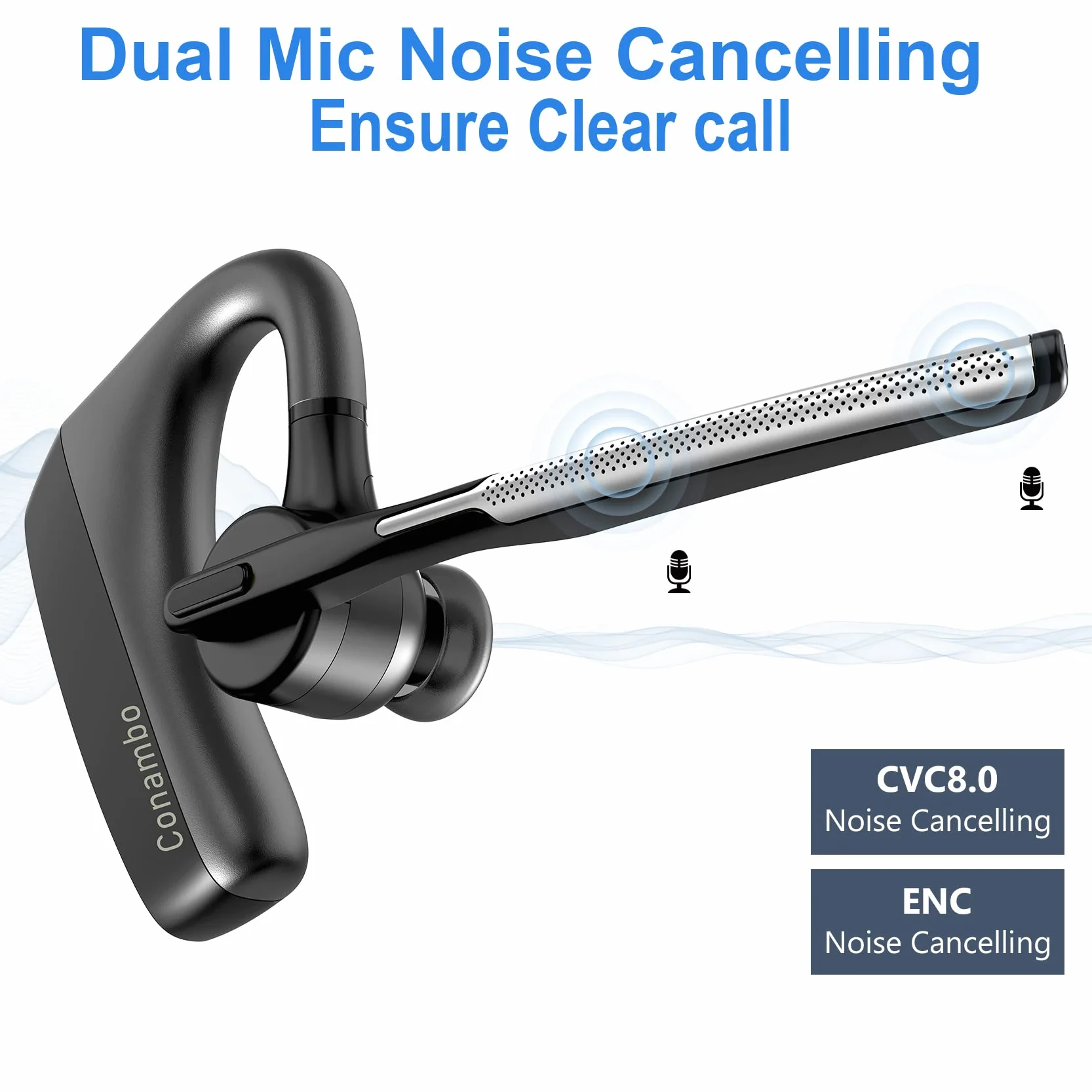Conambo Auricolare Bluetooth 5.1 Aptx,16 Ore di Conversazione in HD CVC8.0 Cuffie Bluetooth Vivavoce con Cancellazione del Rumore a Doppio Microfono per iPhone Samsung Huawei HTC, Sony,ETC.(Nero)