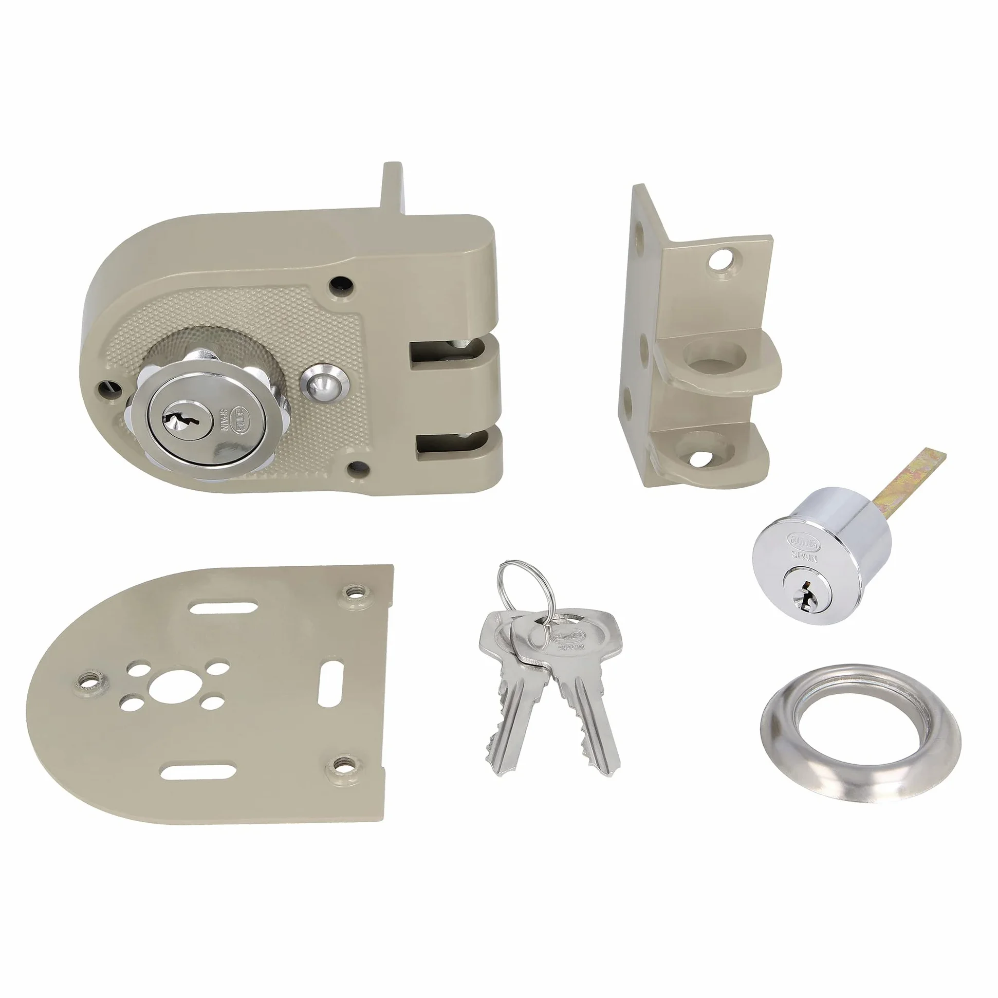 Amig - Serratura a Sovrapposizione a destra con leva di chiusura, linguetta e maniglia per porte in legno mod. 1396 | 60 mm | Chiusura con cilindro interno ed esterno | Acciaio Beige