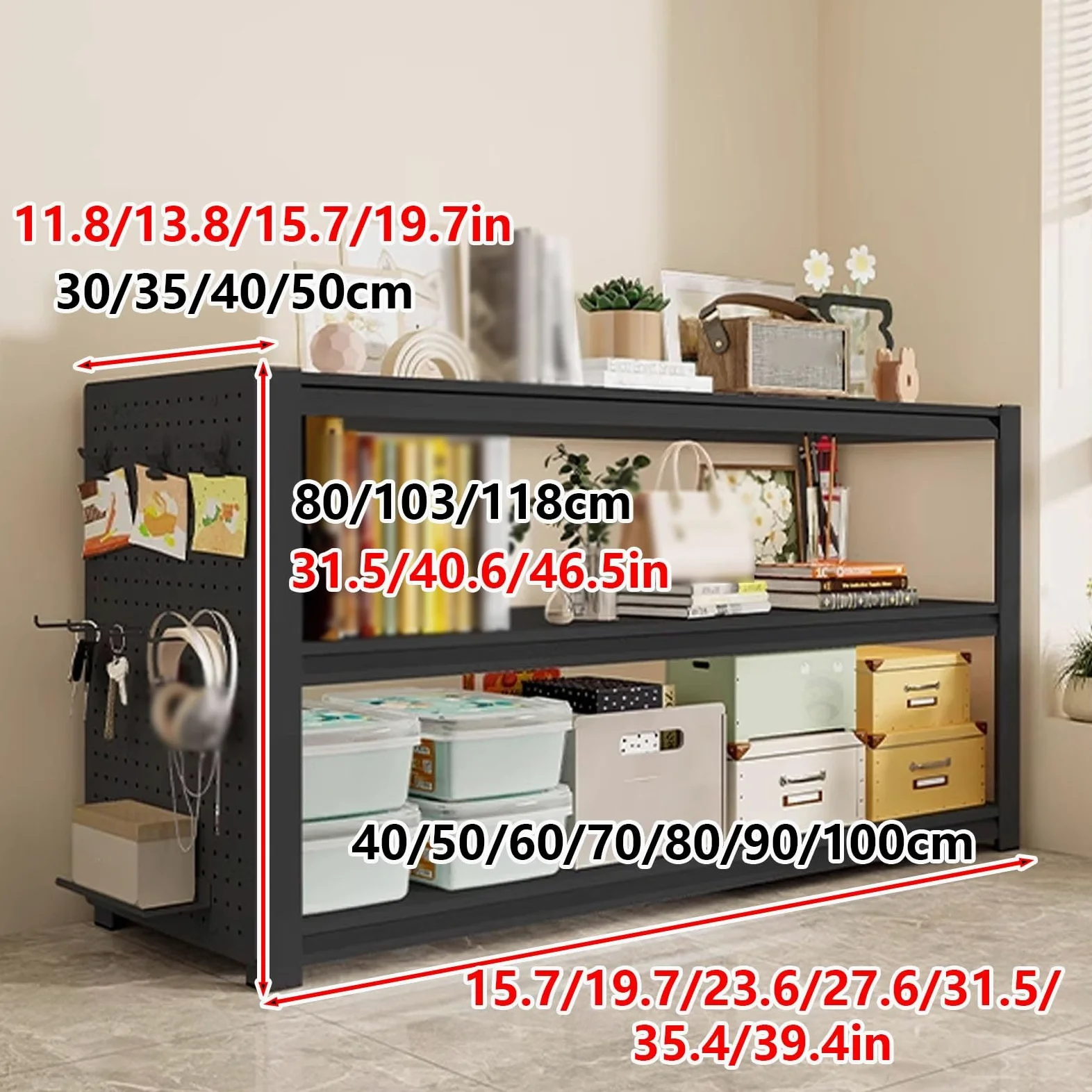 Scaffale Cucina Salvaspazio Ripiani Regolabili Elevata Capacità Di Carico, Scaffale Metallo con Pannello Forato, Scaffalatura Stile Minimalista per Soggiorno Ufficio Bagno(50x40x118cm)
