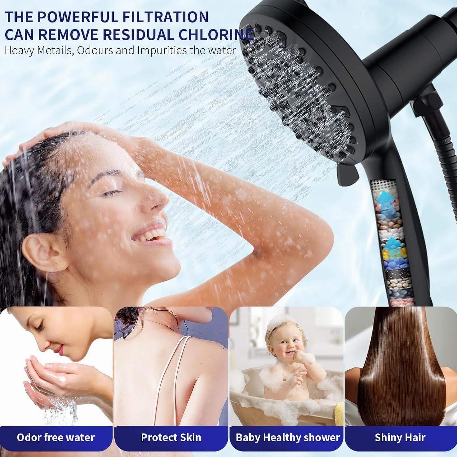 Soffione doccia filtrato palmare – 10 modalità di spruzzo ad alta pressione, con combinazione di spray portatile, soffione doccia con collegamento magnetico, con tubo lungo 152 cm (nero opaco)