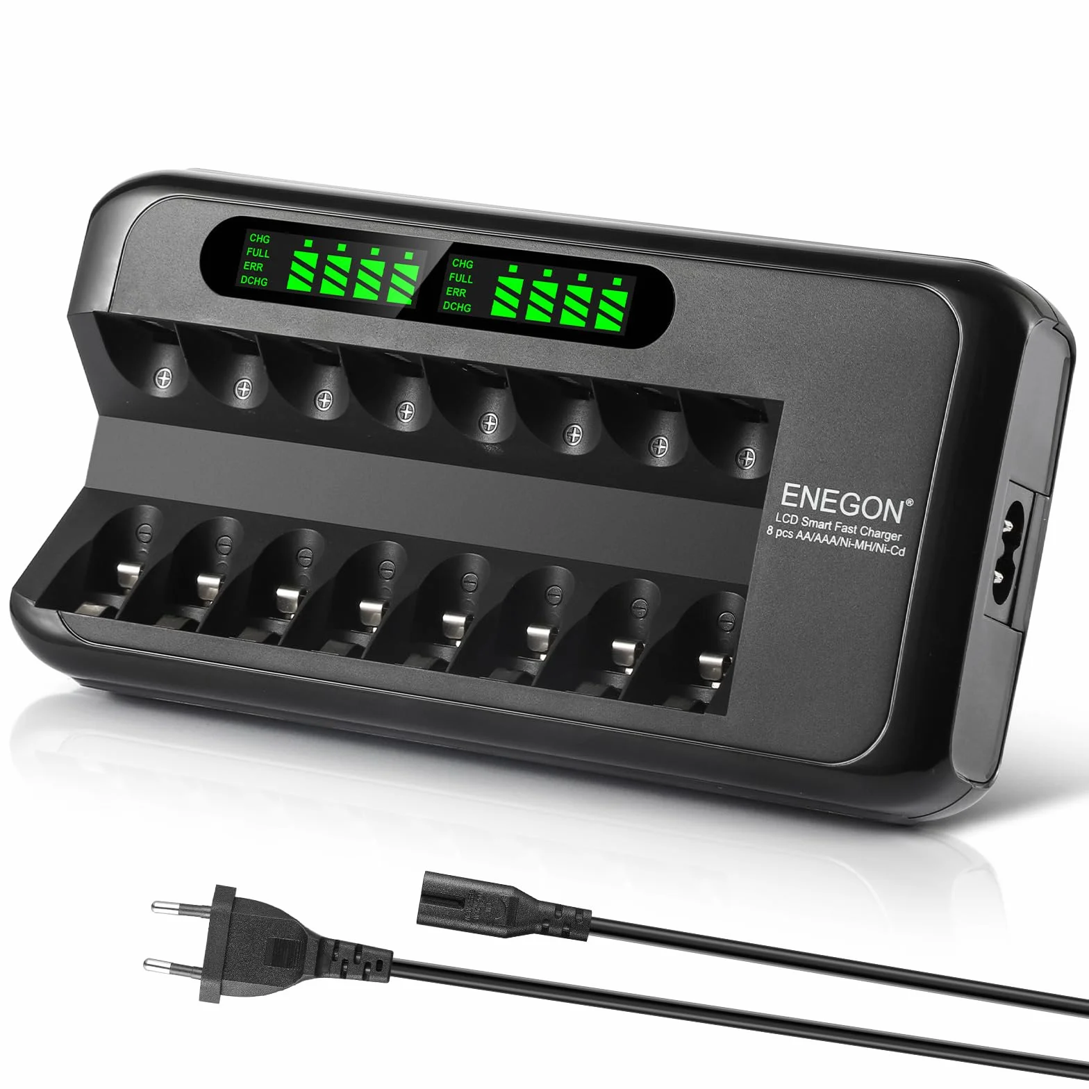 ENEGON Caricabatterie Rapido Intelligente per Batterie Ricaricabili AA AAA Ni-MH Ni-CD con Display LCD, 8 Slot Indipendenti, Protezione e Alimentatore 100-240V