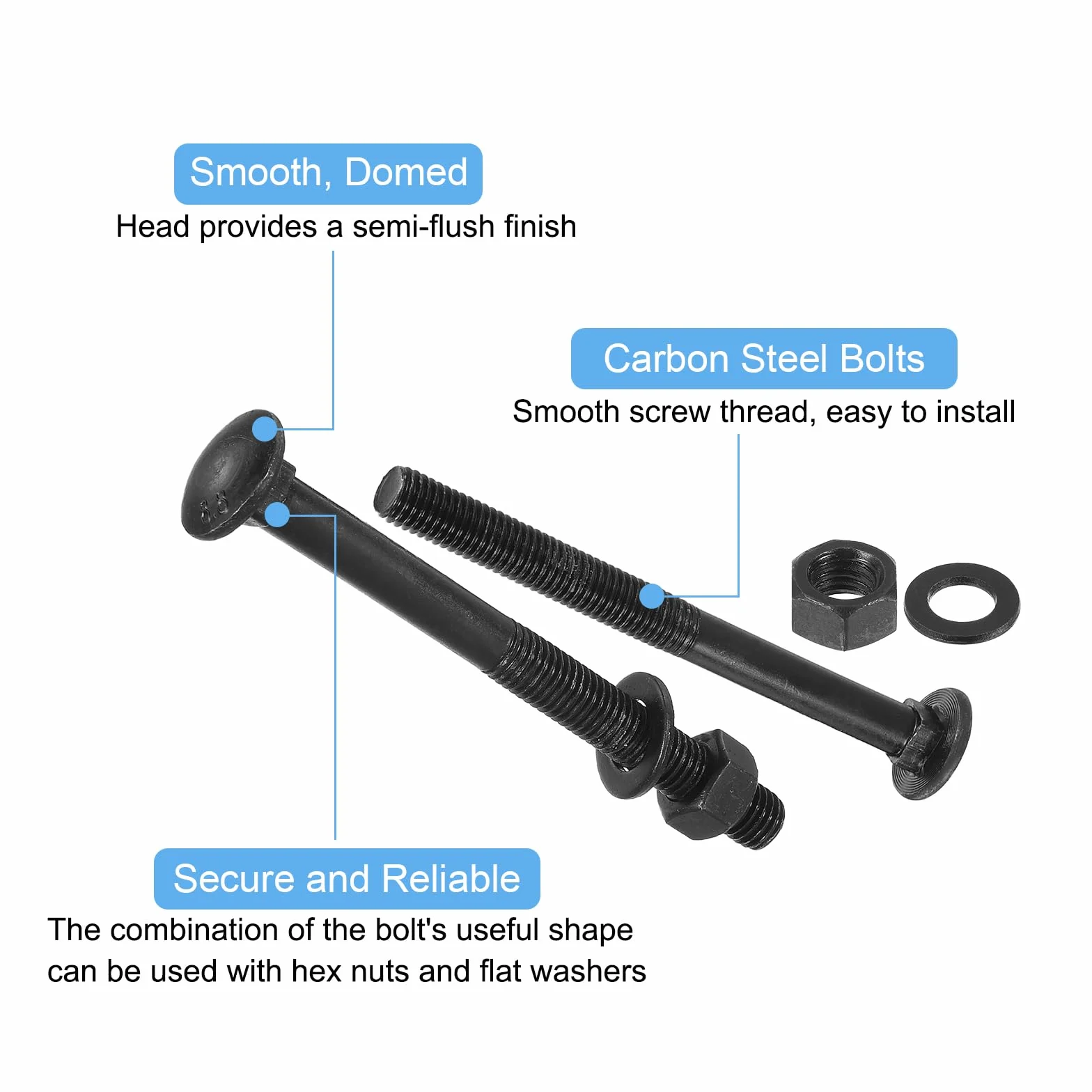 Kit 25 viti M6 x 50 mm a testa tonda con collo quadrato, set fissaggio con rondelle e dadi, acciaio al carbonio ossido nero