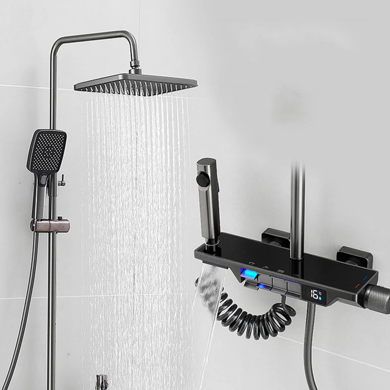 Set Rubinetto Doccia Grigio con Display della Temperatura, Miscelatore a 4 funzioni, soffione a Pioggia, doccetta, doccetta Bidet, beccuccio per Vasca.