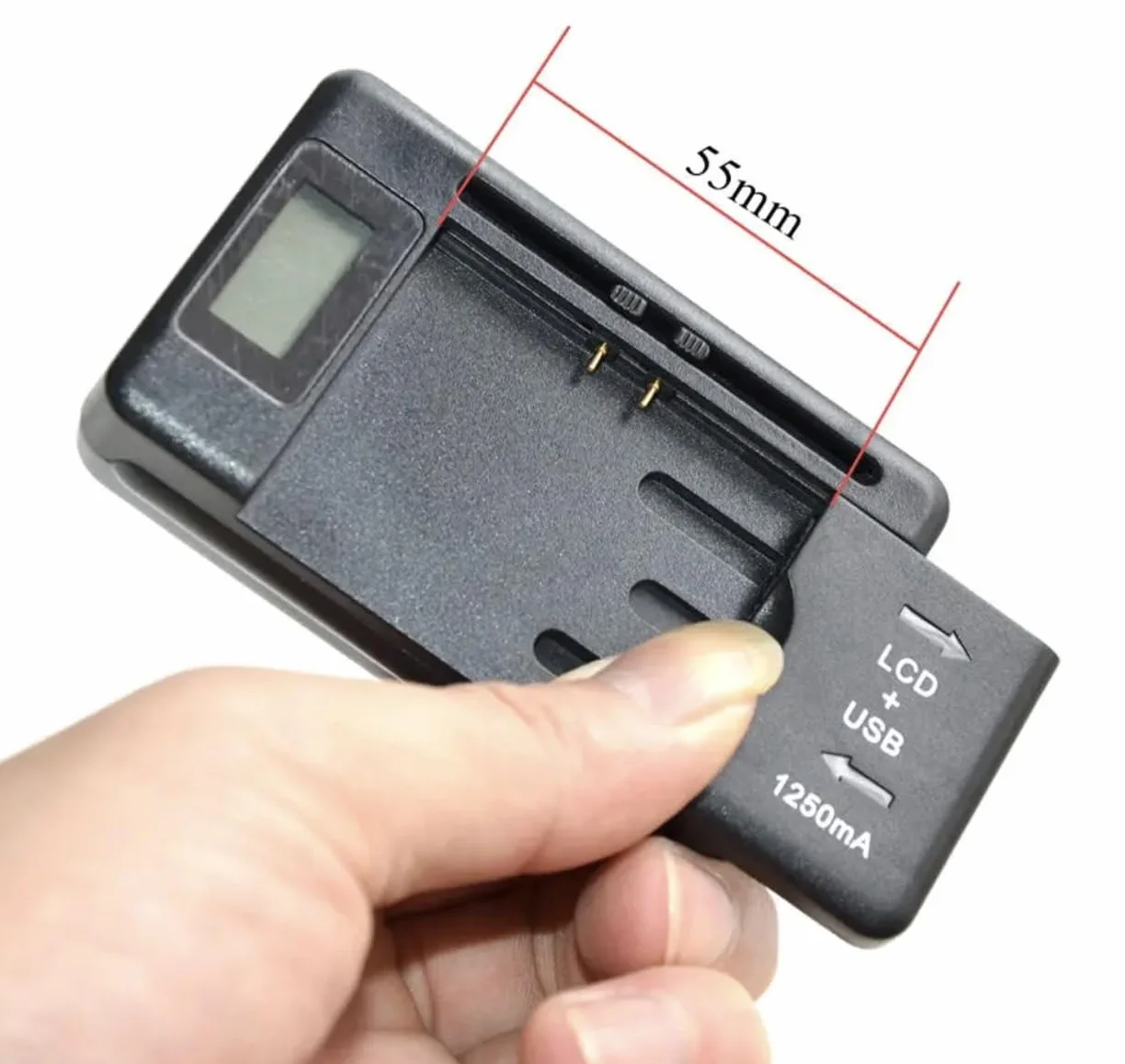 2in1 USB + CA100-240V Caricabatterie | Universale Caricabatterie per Telefono Cellulare per Batterie 32-50mm | Con Schermo LCD | Caricabatterie USB per Fotocamera DSLR Telefono Cellulare