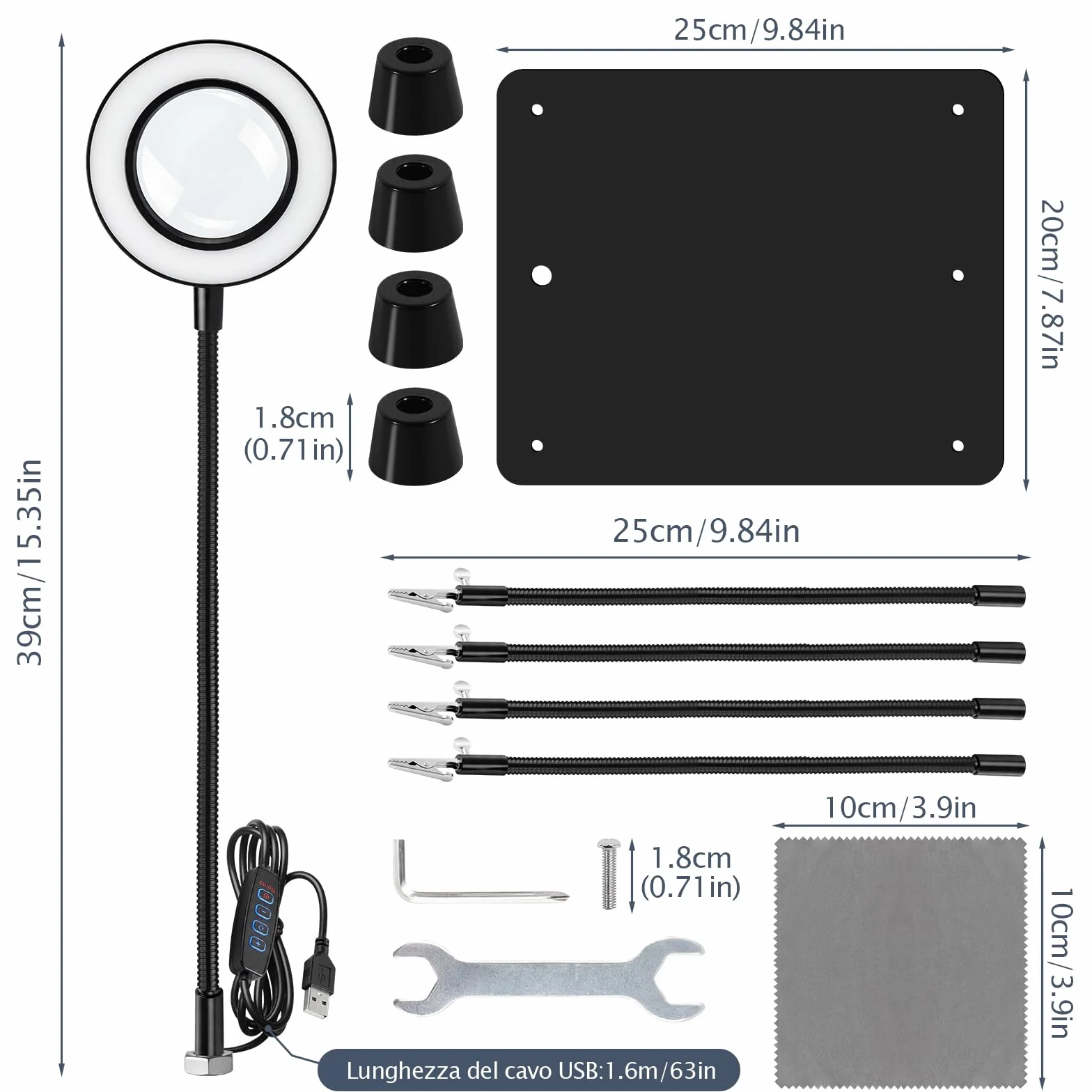 Terza Mano per Saldatura 6X Lente d‘Ingrandimento LED 4 Bracci Flessibili Portal circuiti Stazione Saldante per Elettronica Gioielleria Hobby