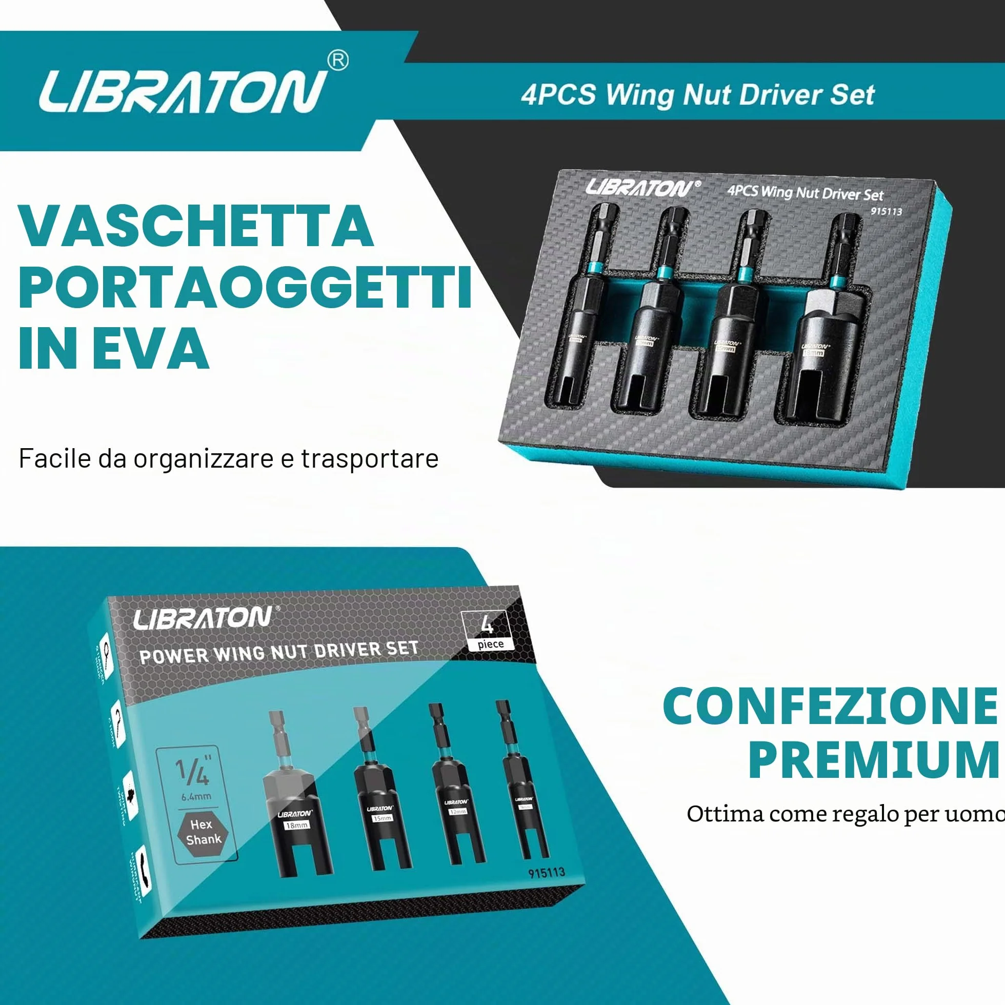 Libraton set di driver per dadi ad ala, 4 pezzi, esagonale 1/4", per bulloni a gancio e C