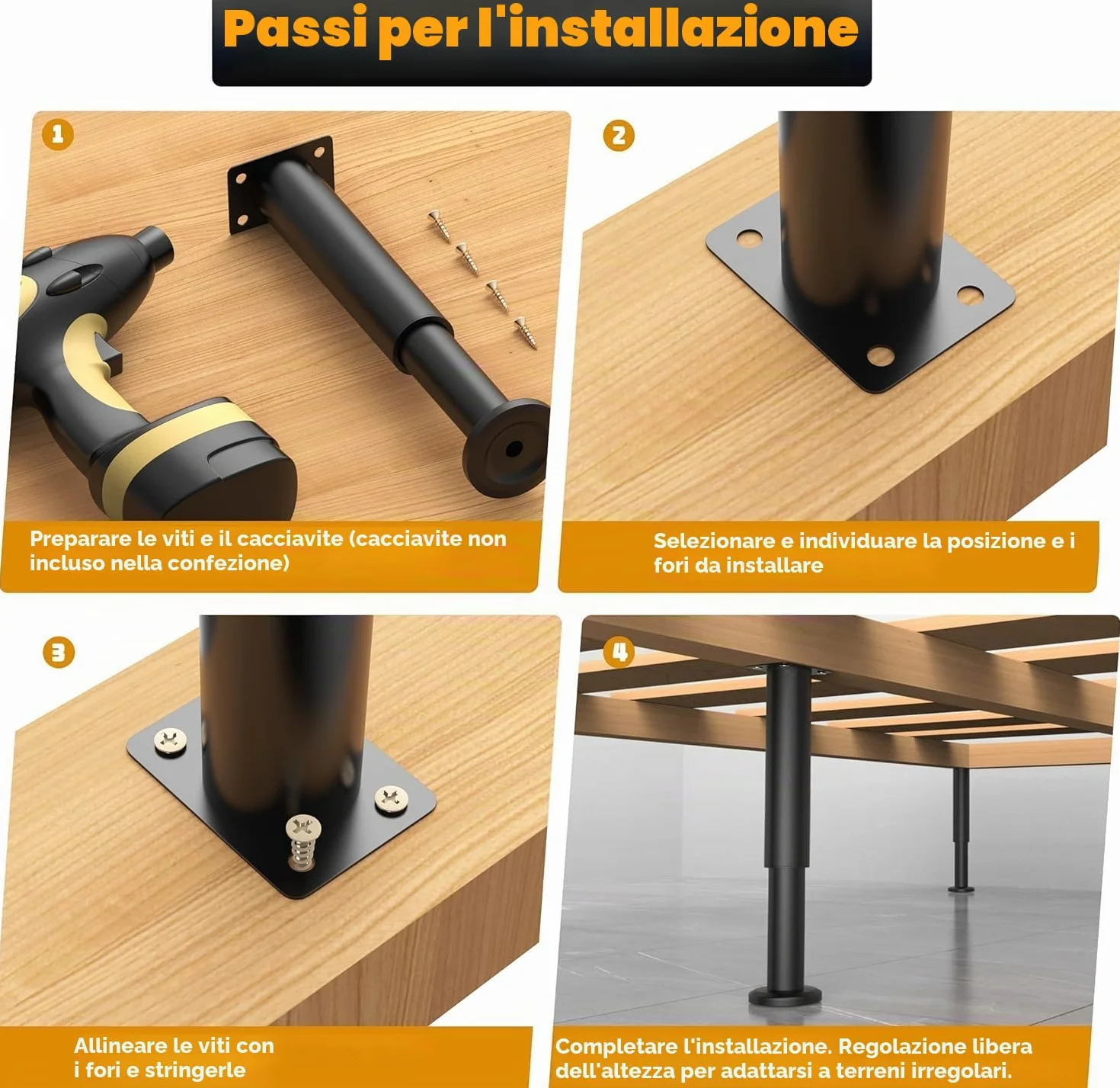 Gambe da Tavolo in Metallo Regolabili 25-43 cm Nero con Kit Cacciavite e Viti