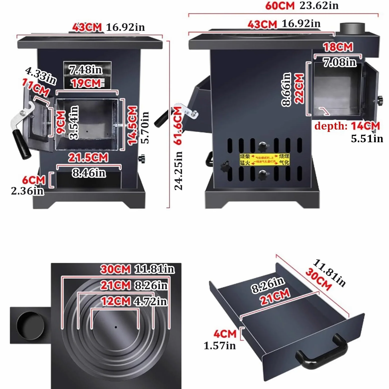 Stufa a legna resistente, rivestimento interno in ghisa, corpo in acciaio, stufa a legna con tubi per camino e forno per riscaldamento interno ad alta efficienza energetica