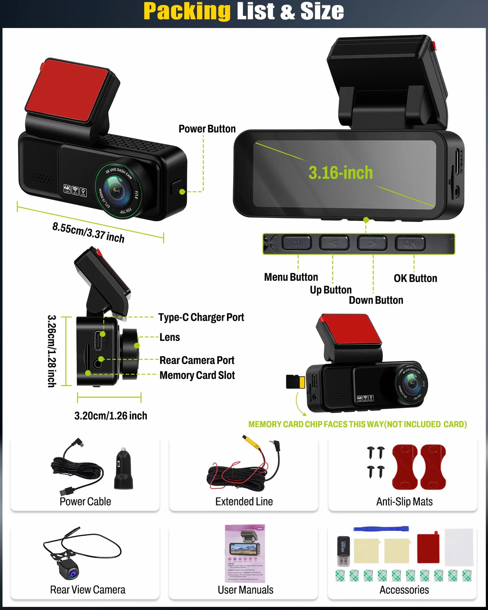 Dashcam 4K Anteriore e posteriore per auto, videocamera per auto 4K+2K FHD, videocamera per auto con GPS, ADAS, APP, Grandangolo 150°, visione notturna, sensore G, registrazione in loop