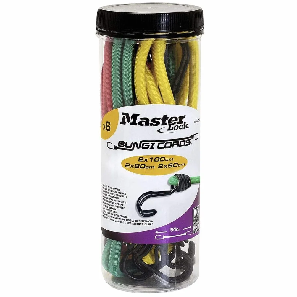Master Lock 3040EURDAT Cavi Elastici con Ganci Invertito Adatto per Giardinaggio, Trasporto, Trasloco, Campeggio Rosso/Verde/Giallo, 2 x 60 cm + 2 x 80 cm + 2 x 100 cm