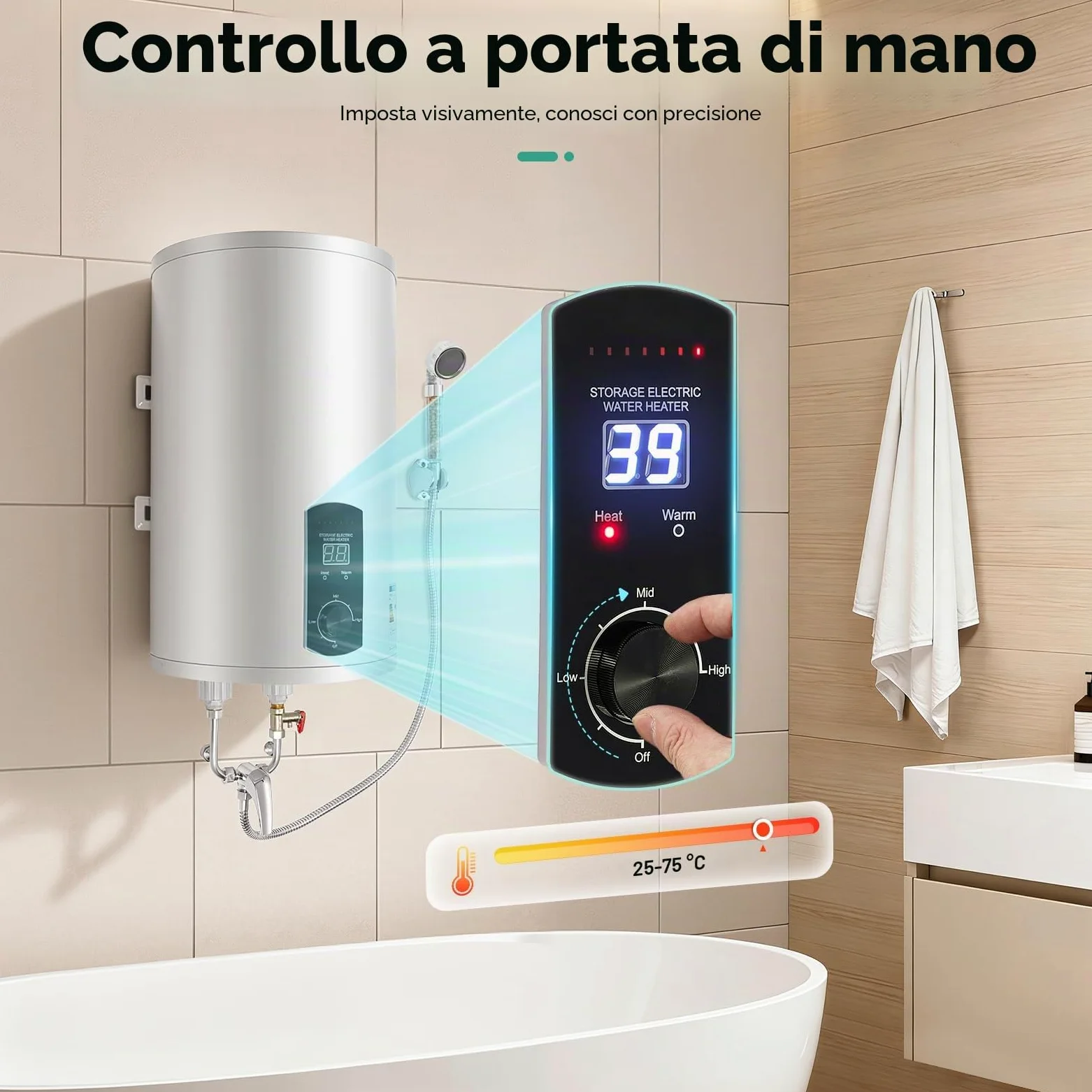 Caldaia elettrica da 30 l, 2000 W, 220 V, da appendere, a risparmio energetico, scaldabagno, contenitore smaltato, schermo LED
