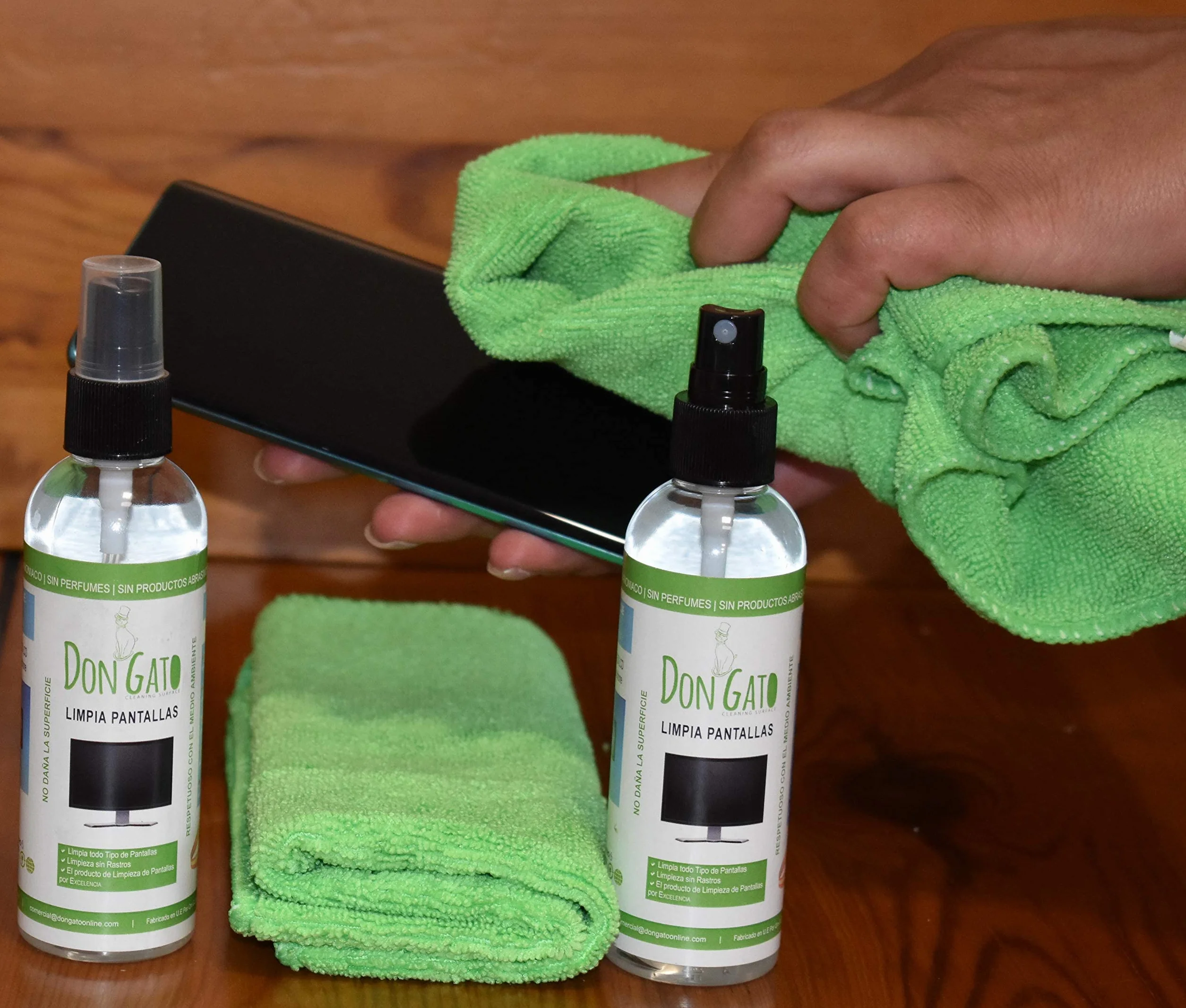 Don Gato – pulizia dello schermo (100ml x 2) + 2 panno in microfibra per TV, Tablet, Computer portatile, LCD, LED, telefono cellulare. Prodotti naturali e rispettoso dell'ambiente.