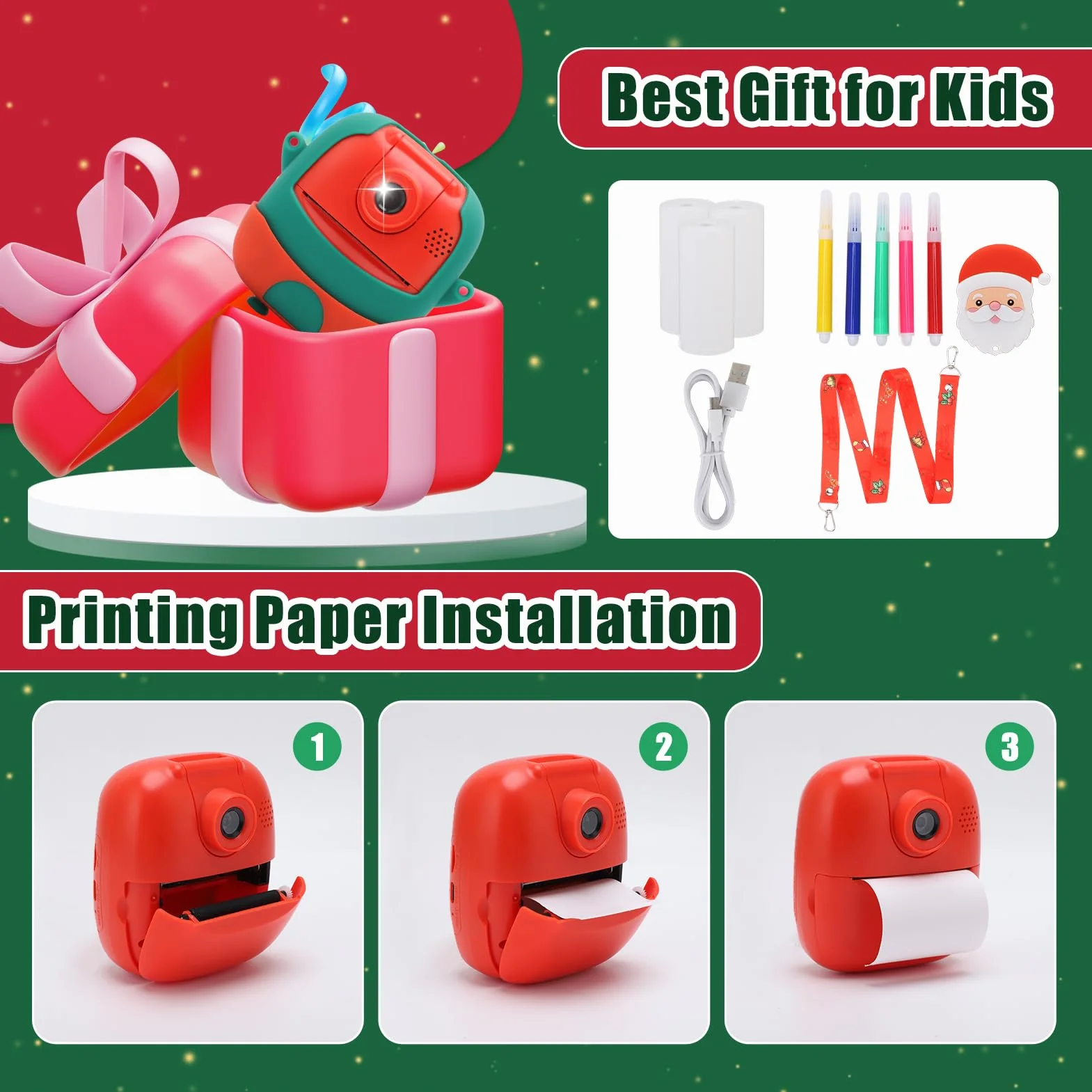 Macchina fotografica di stampa istantanea per i bambini, 24MP & 1080P bambini fotocamera digitale, Natale regalo di compleanno per la ragazza ragazzo età 3-12, stampa foto in bianco e nero (Natale)